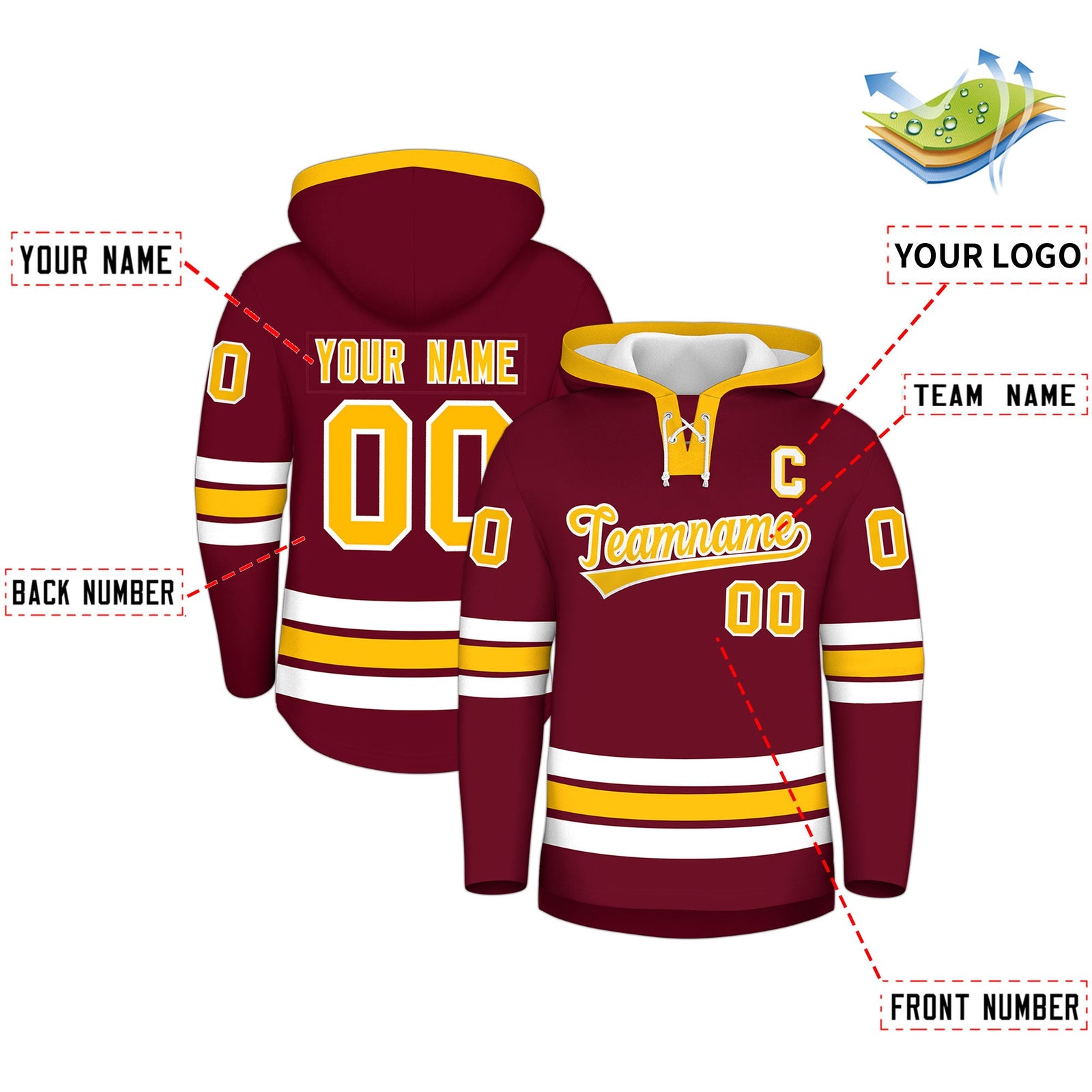 Custom Hockey Hoodie Jersey Crimson Gold Classic Style Add Name,Number&Logo