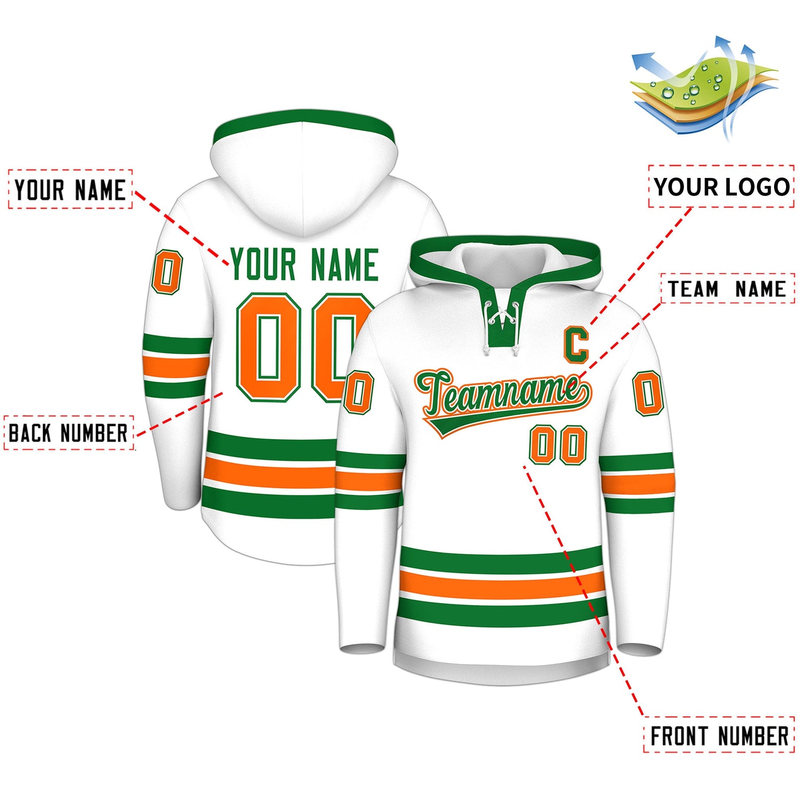 Custom Hockey Hoodie Jersey White Kelly Green Classic Style for Men&Youth