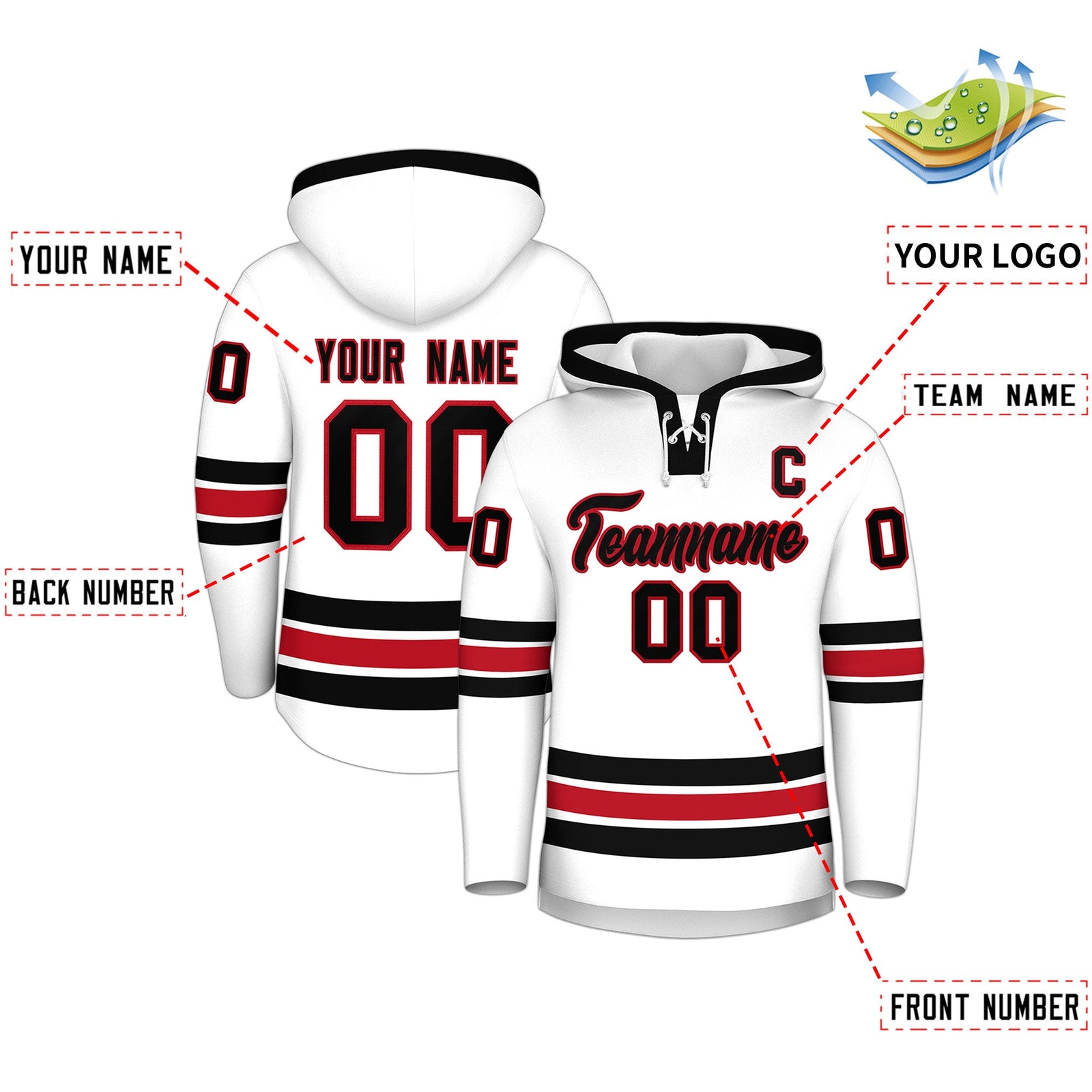 Custom Hockey Hoodie Jersey White Black Classic Style Add Name,Number & Logo
