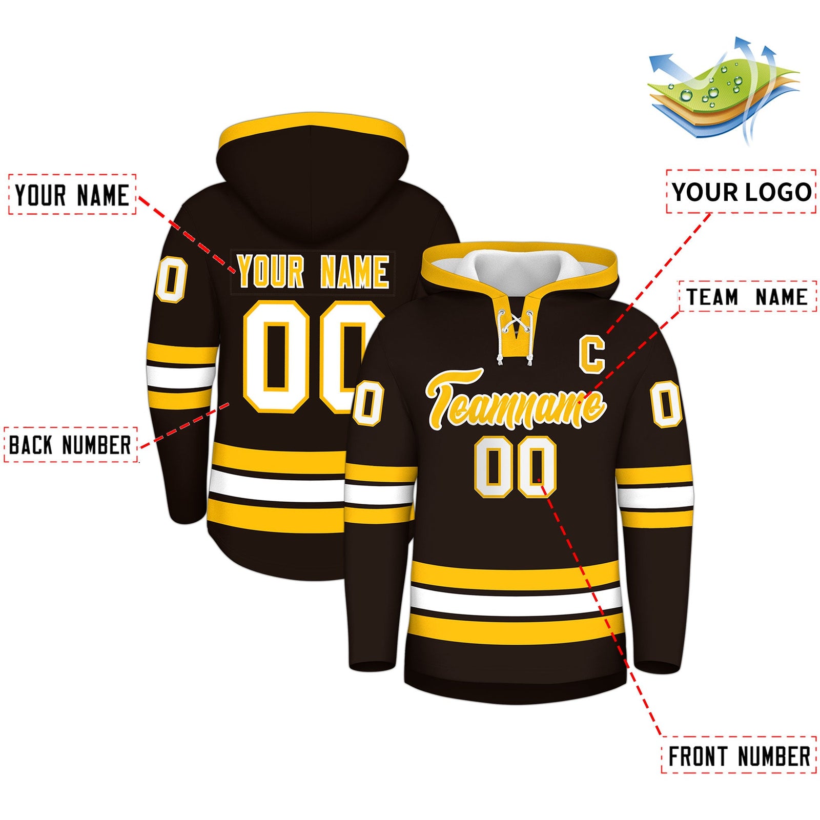 Custom Hockey Hoodie Jersey Brown Gold Classic Style Add Name,Number & Logo