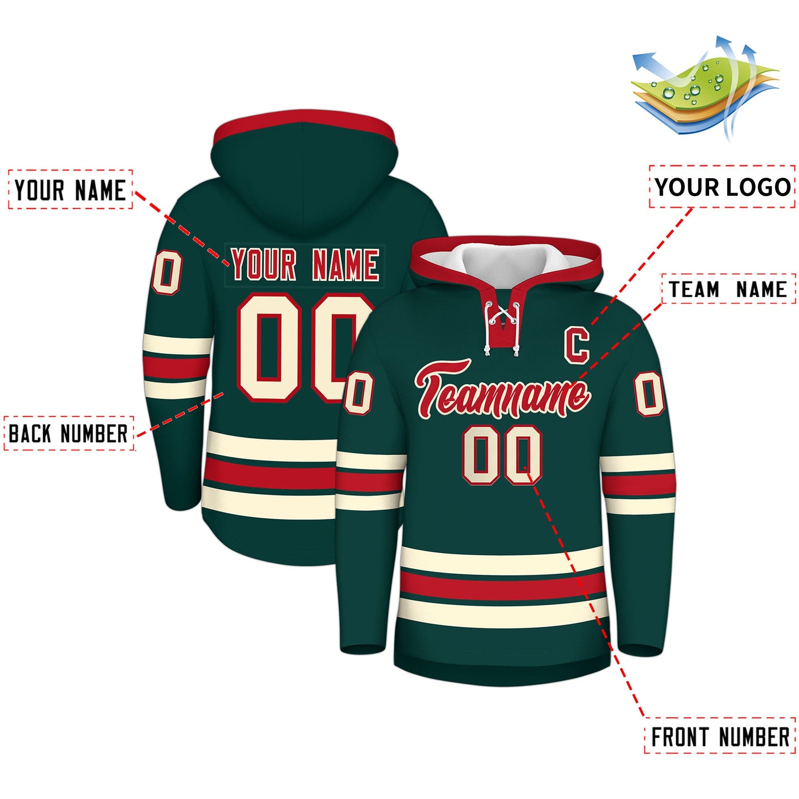 Custom Hockey Hoodie Jersey Midnight Green Red Classic Style Add Name,Number&Logo