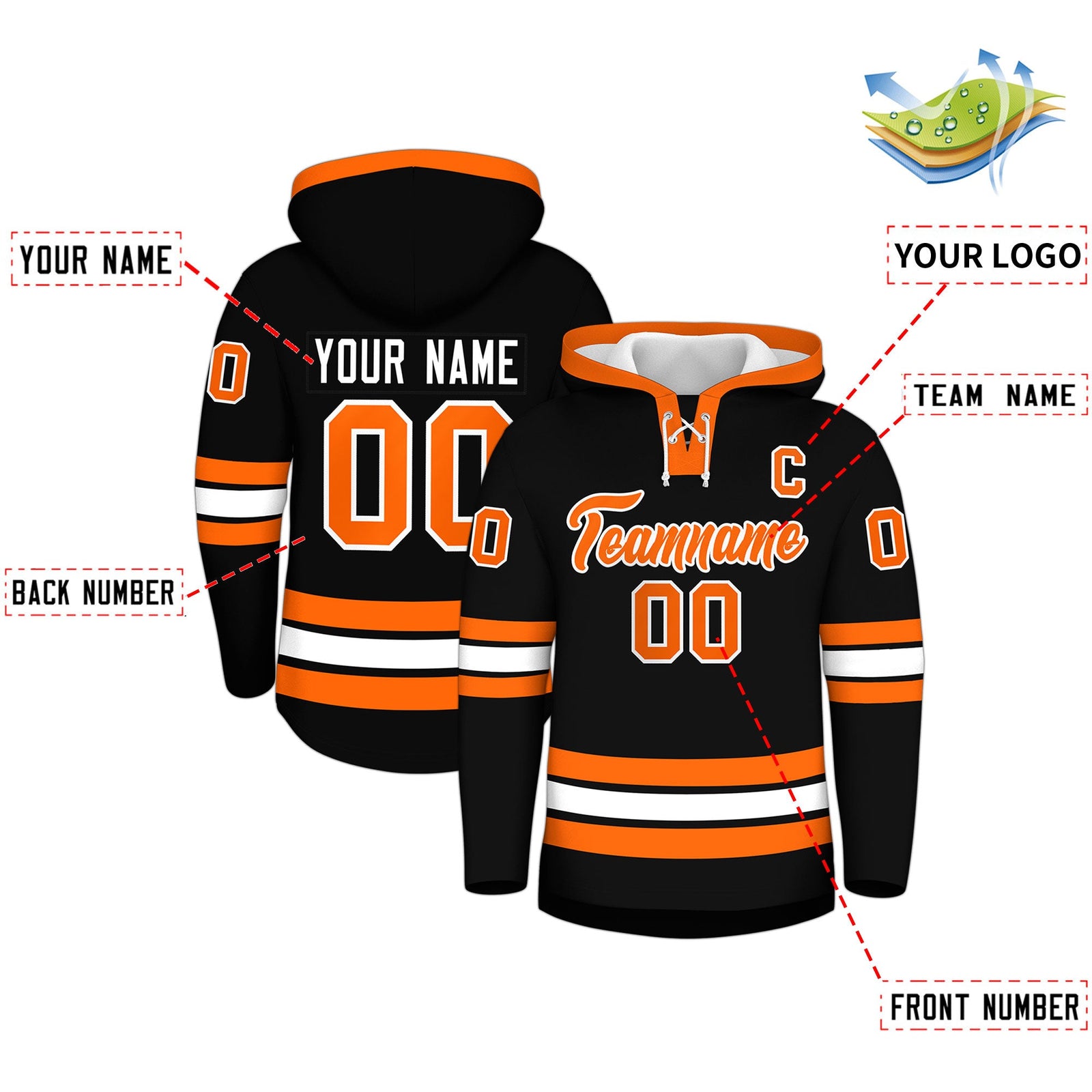 Custom Hockey Hoodie Jersey Black Orange Classic Style Add Name,Number&Logo