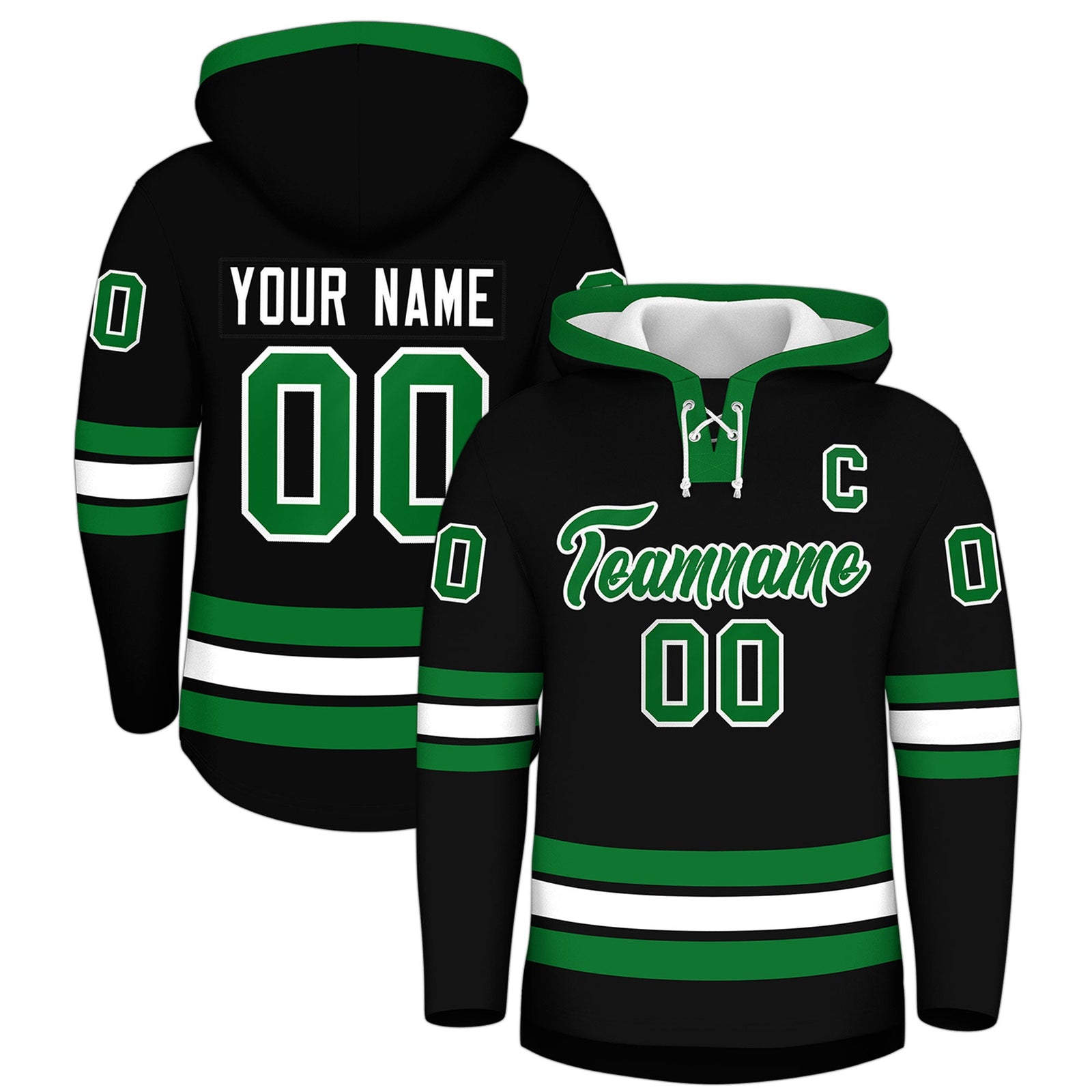 Custom Hockey Hoodie Jersey Black Kelly Green Classic Style for Men&Youth