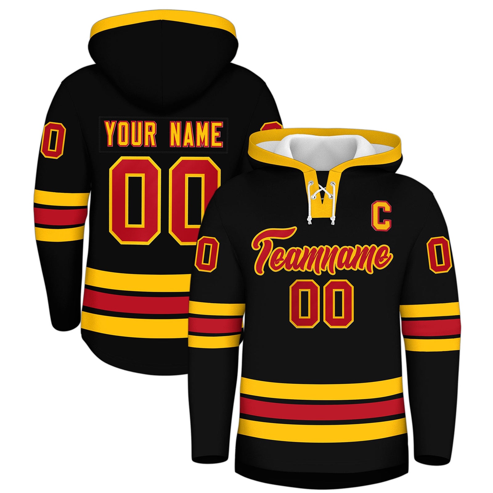 Custom Hockey Hoodie Jersey Black Red Classic Style Add Name,Number&Logo