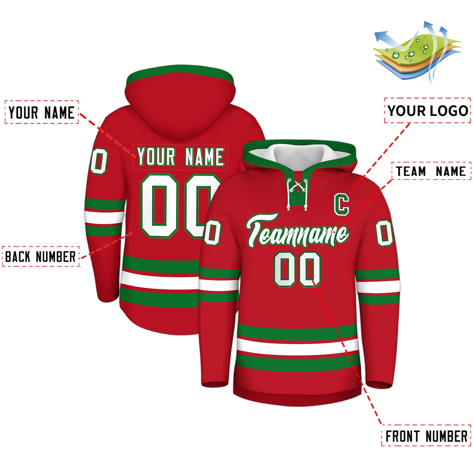 Custom Hockey Hoodie Jersey Red Kelly Green Classic Style for Men&Youth