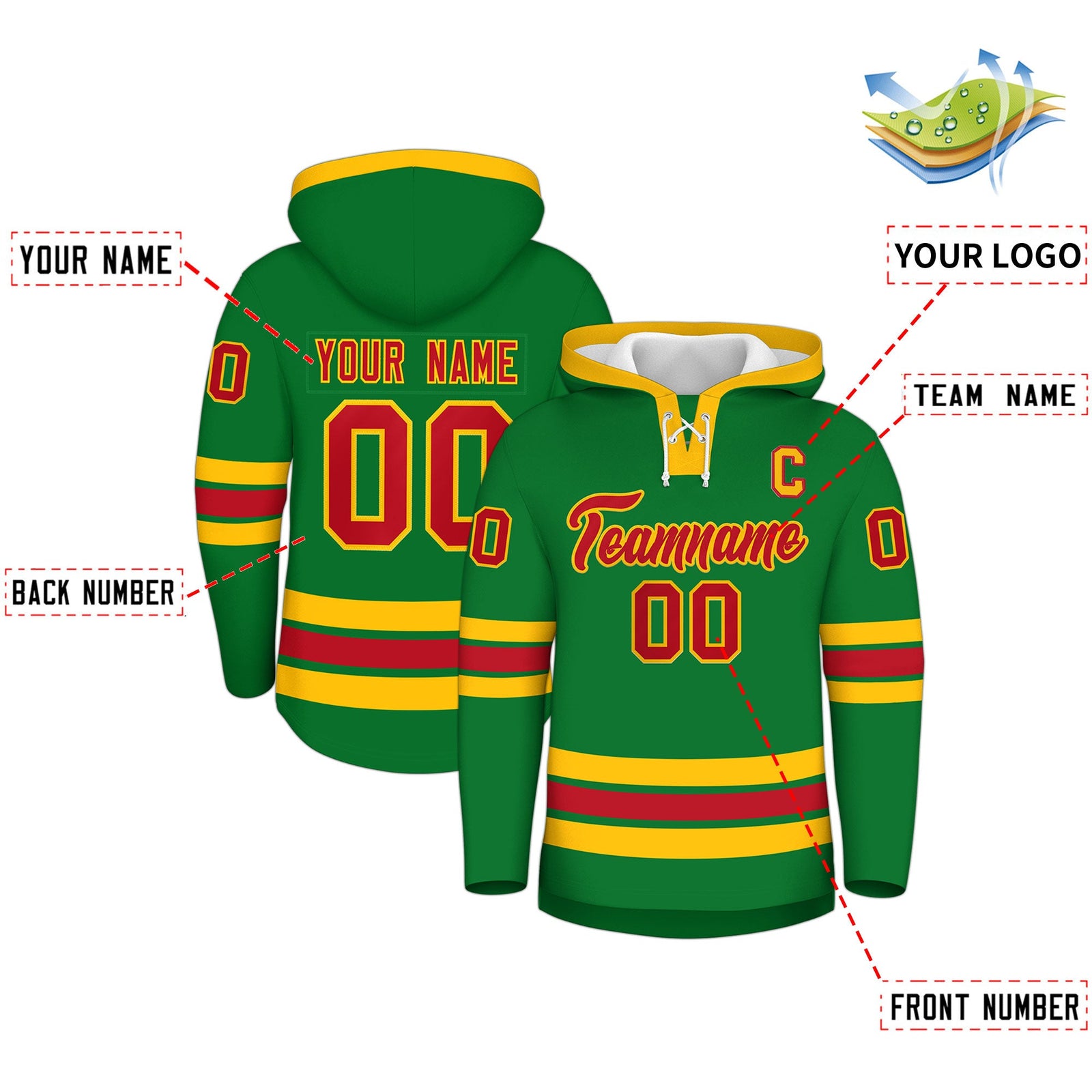 Custom Hockey Hoodie Jersey Kelly Green Red Classic Style Add Name,Number&Logo