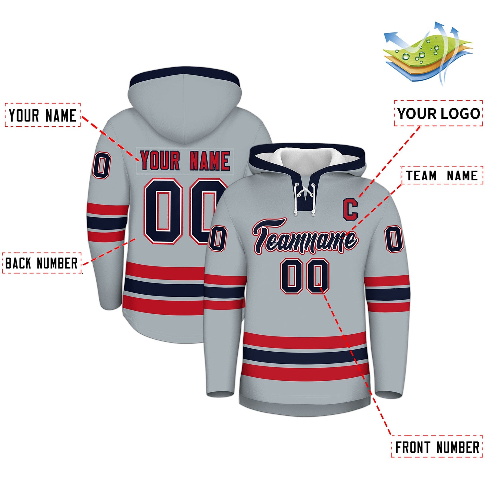 Custom Hockey Hoodie Jersey Silver Navy Classic Style Add Name,Number & Logo