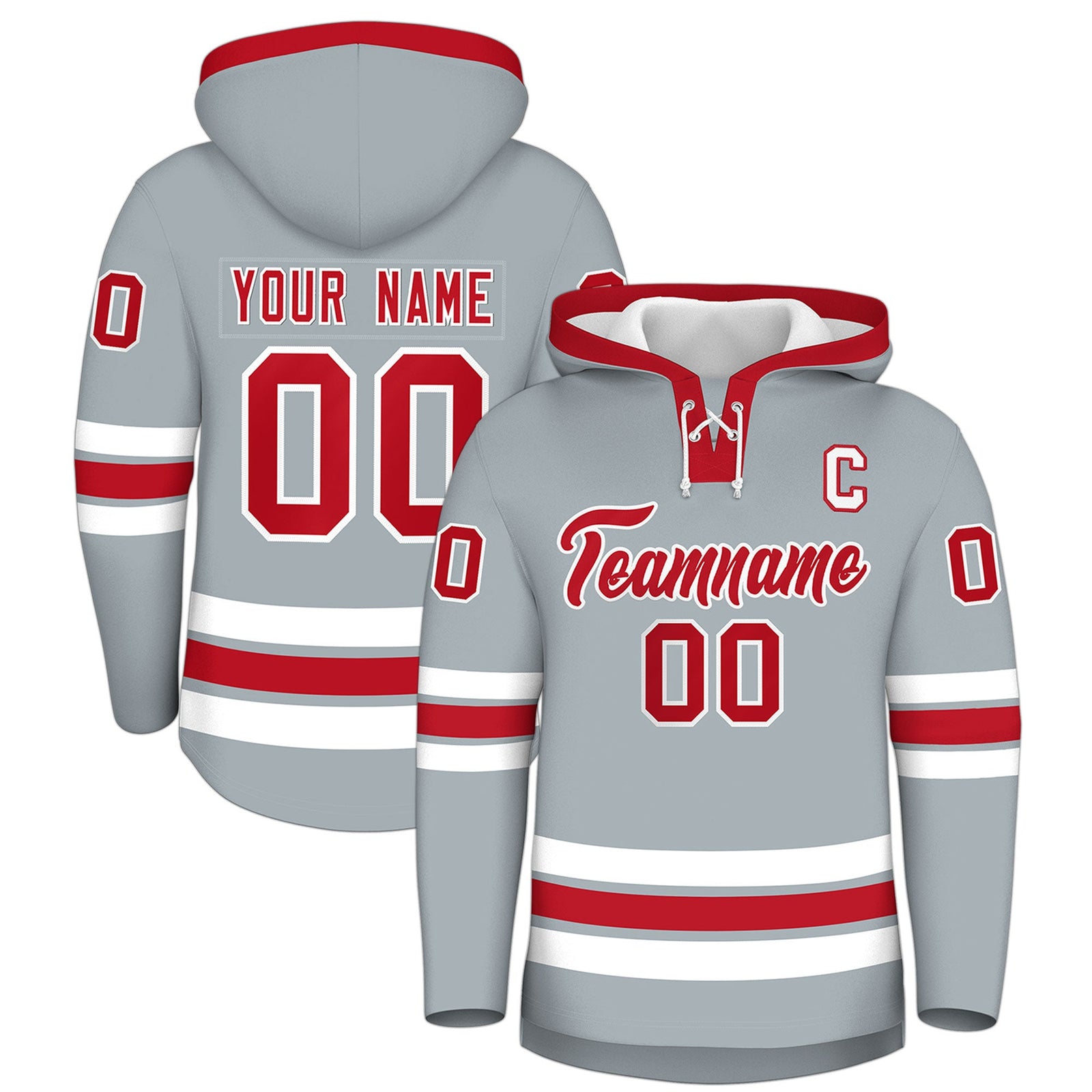 Custom Hockey Hoodie Jersey Silver Red Classic Style for Men&Youth