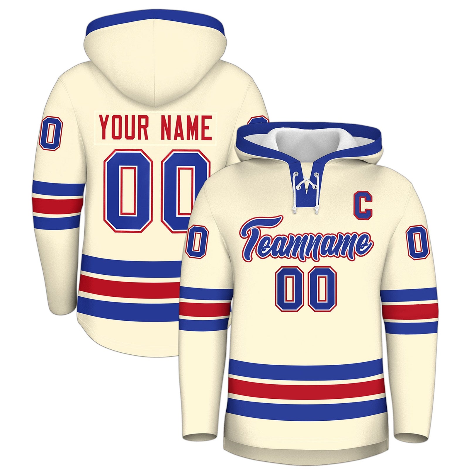 Custom Hockey Hoodie Jersey Cream Royal Blue Classic Style Add Name,Number & Logo