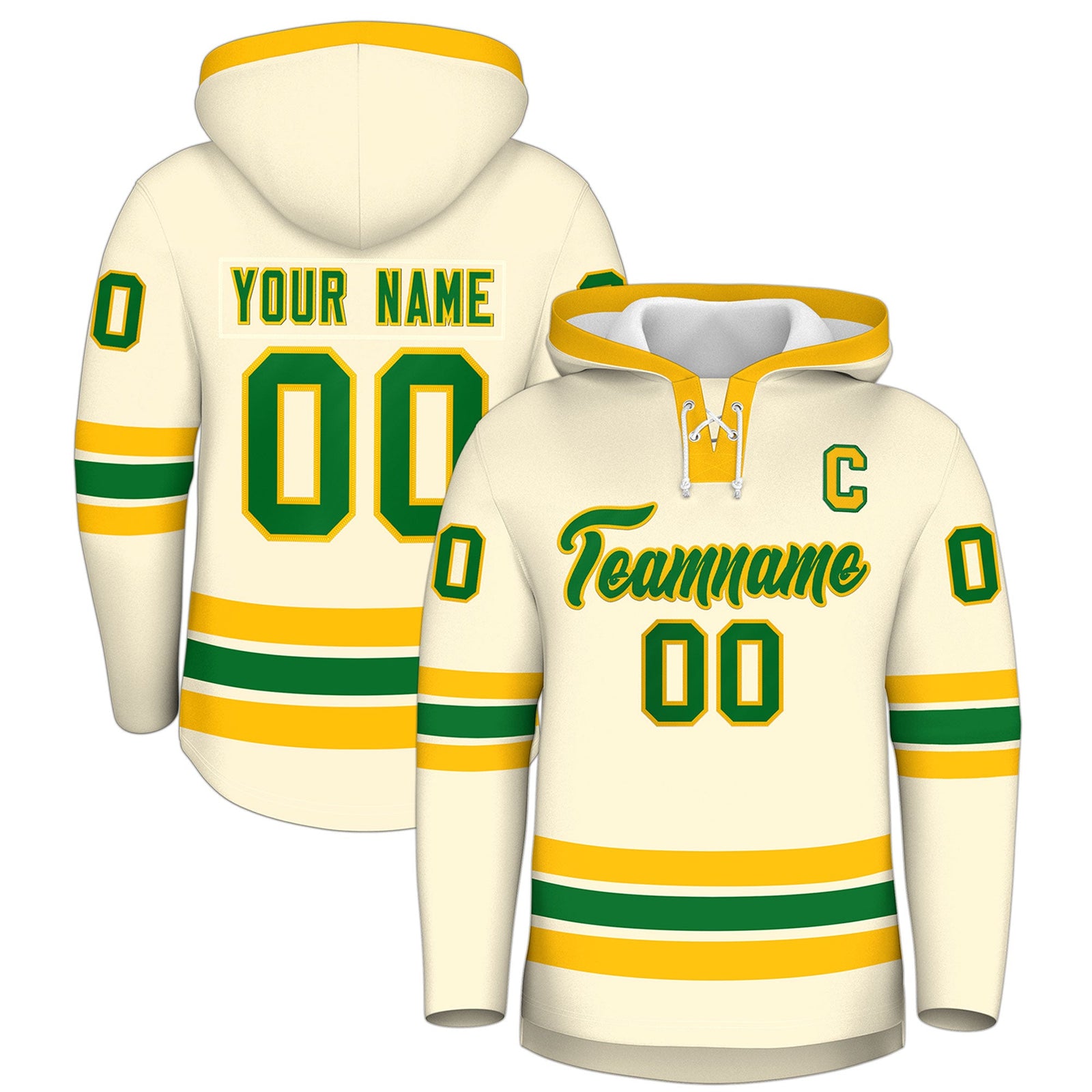 Custom Hockey Hoodie Jersey Cream Kelly Green Classic Style Add Name,Number&Logo