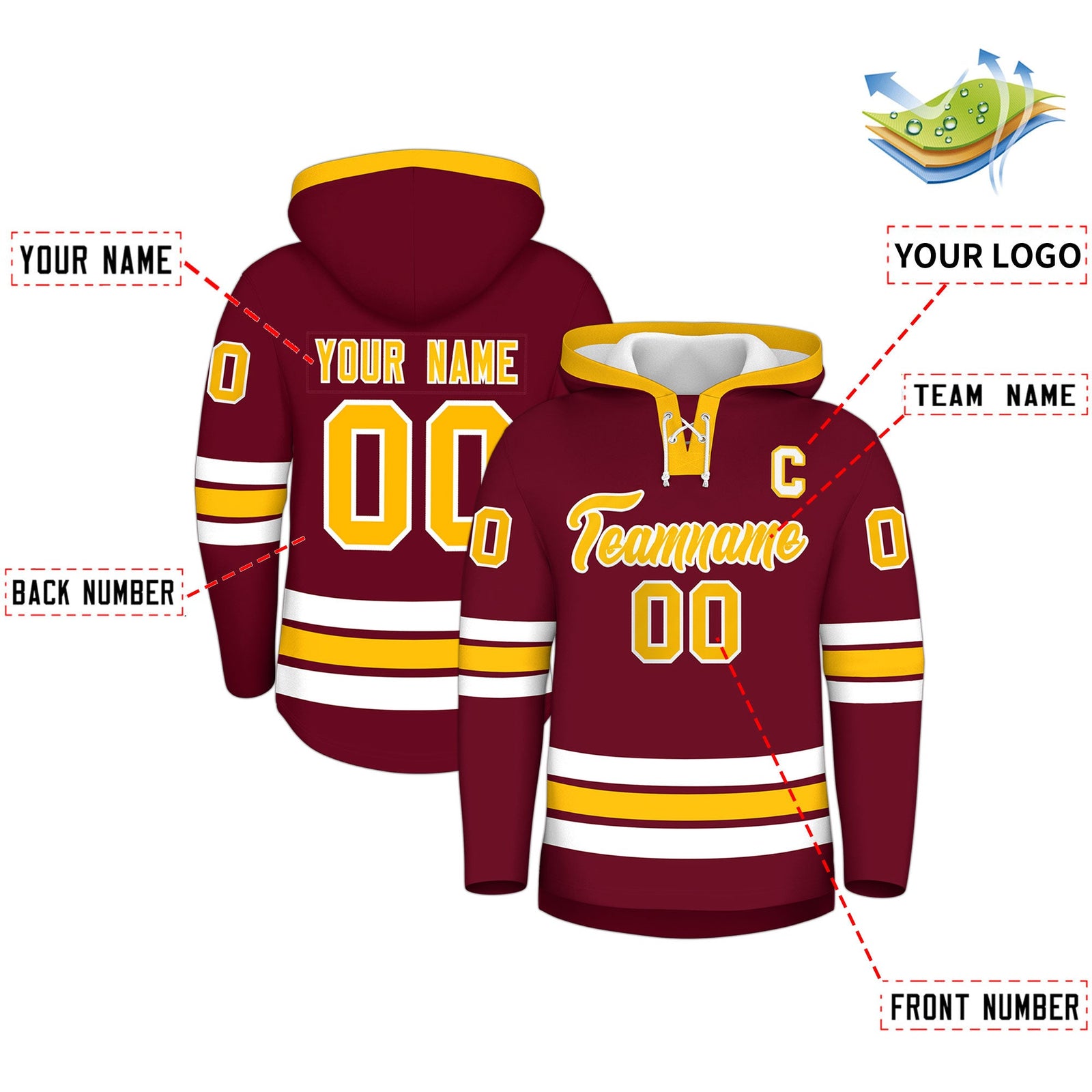 Custom Hockey Hoodie Jersey Crimson Gold Classic Style Add Name,Number&Logo