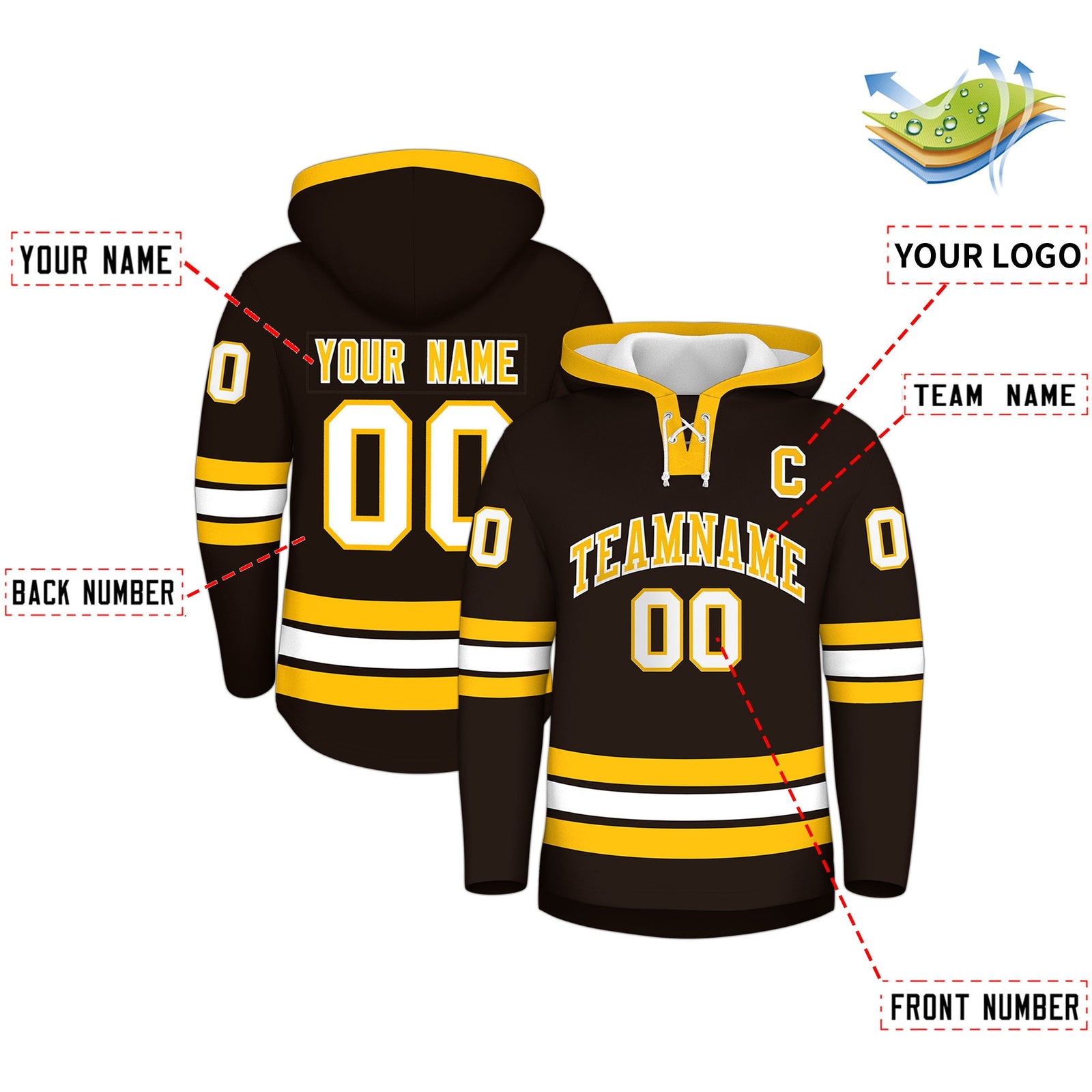 Custom Hockey Hoodie Jersey Brown Gold Classic Style Add Name,Number & Logo