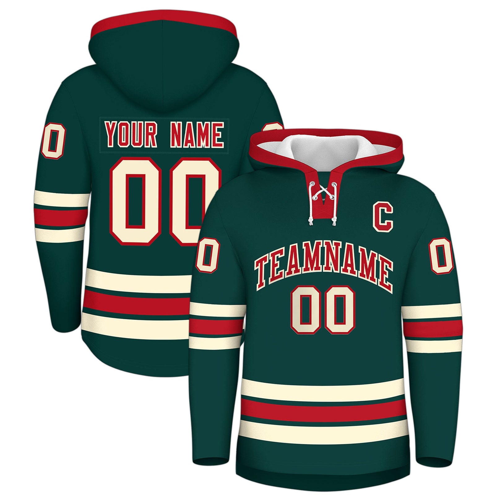 Custom Hockey Hoodie Jersey Midnight Green Red Classic Style Add Name,Number&Logo