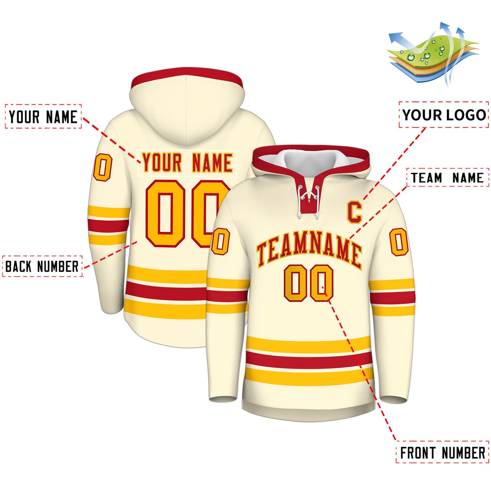 Custom Hockey Hoodie Jersey Cream Red Classic Style Add Name,Number&Logo