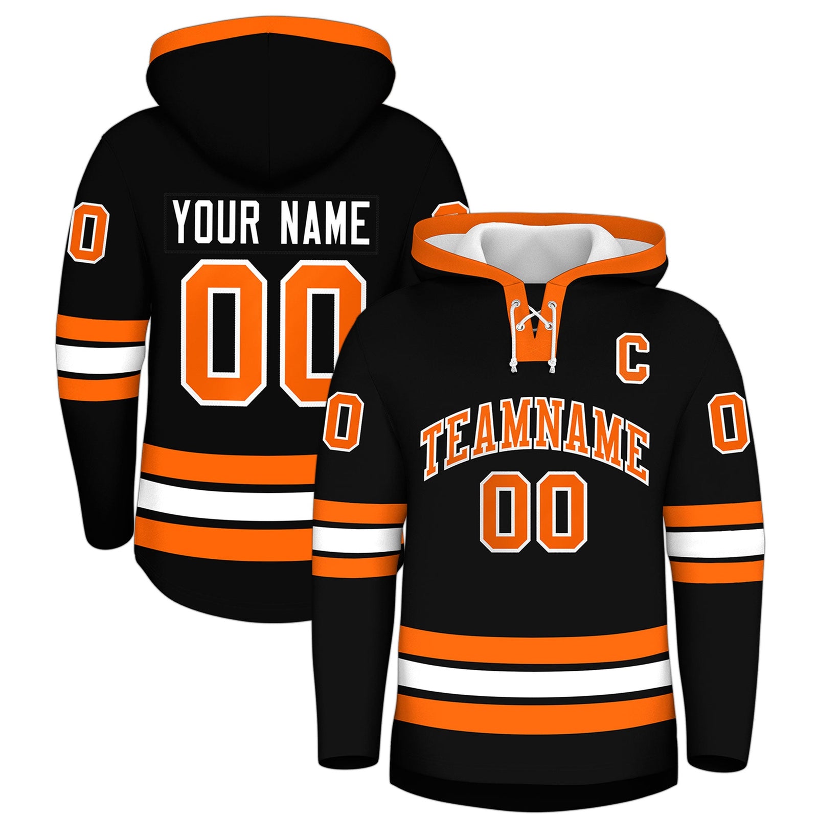 Custom Hockey Hoodie Jersey Black Orange Classic Style Add Name,Number&Logo