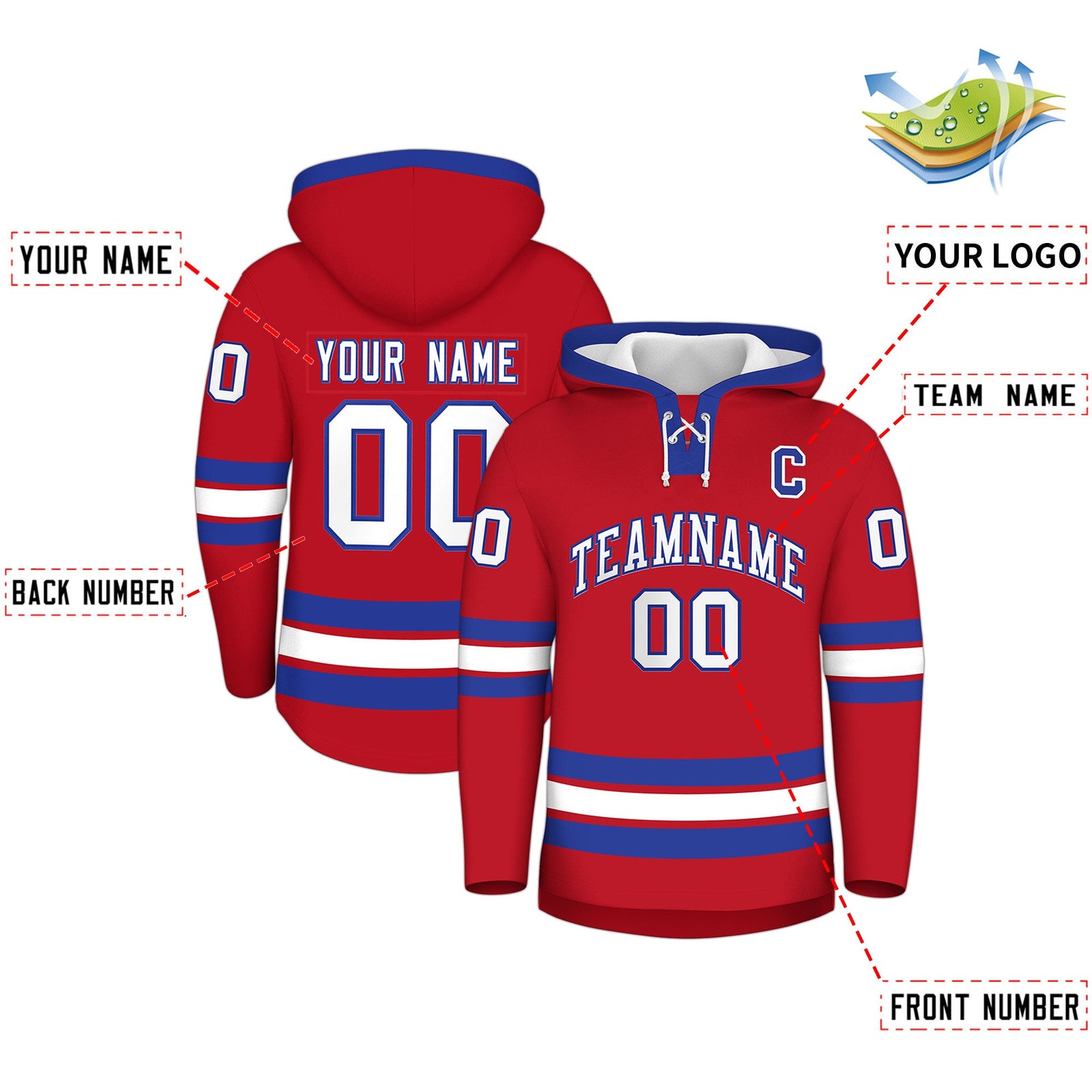 Custom Hockey Hoodie Jersey Red Royal Blue Classic Style Add Name,Number&Logo