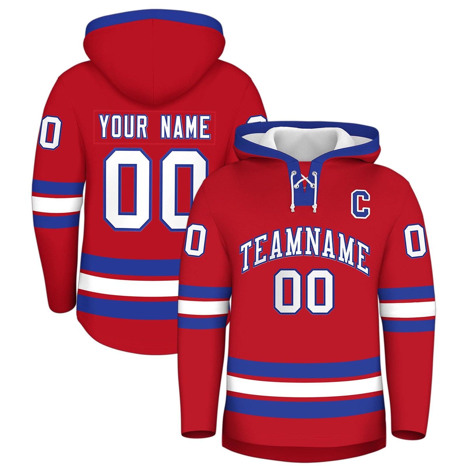 Custom Hockey Hoodie Jersey Red Royal Blue Classic Style Add Name,Number&Logo
