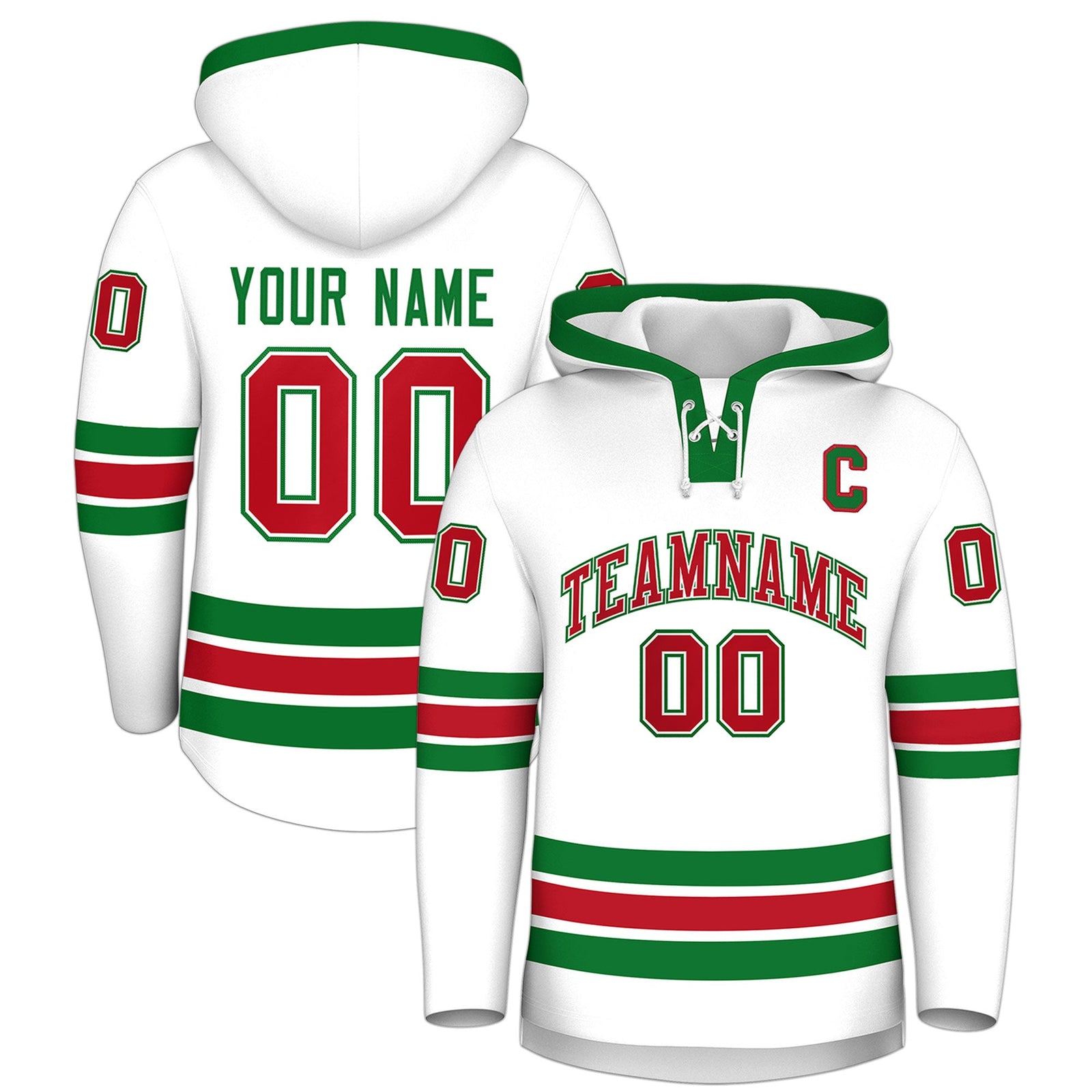 Custom Hockey Hoodie Jersey White Kelly Green Classic Style Add Name,Number&Logo