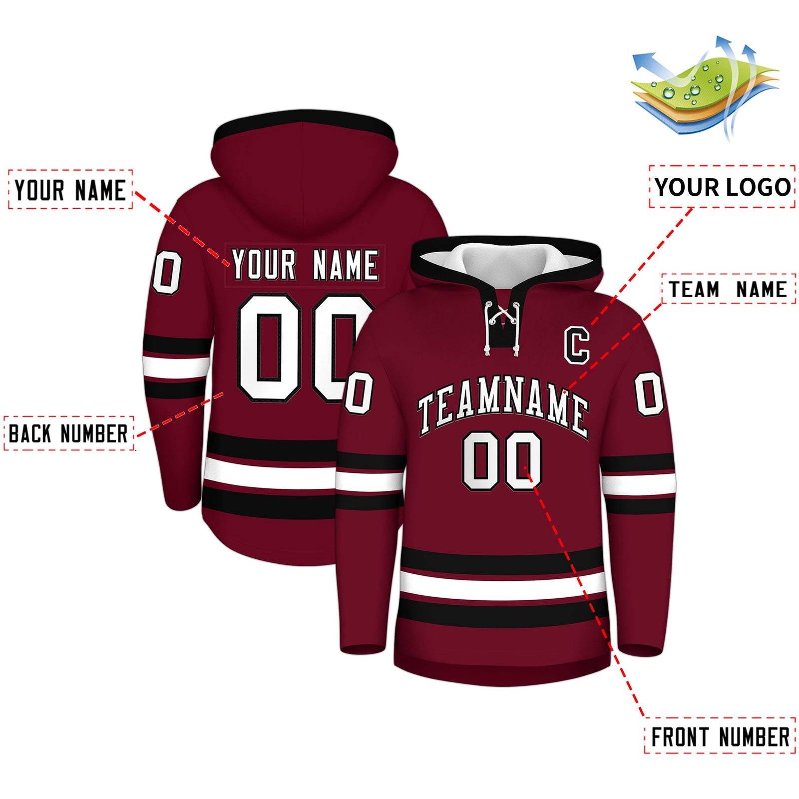 Custom Hockey Hoodie Jersey Crimson Black Classic Style Add Name,Number & Logo