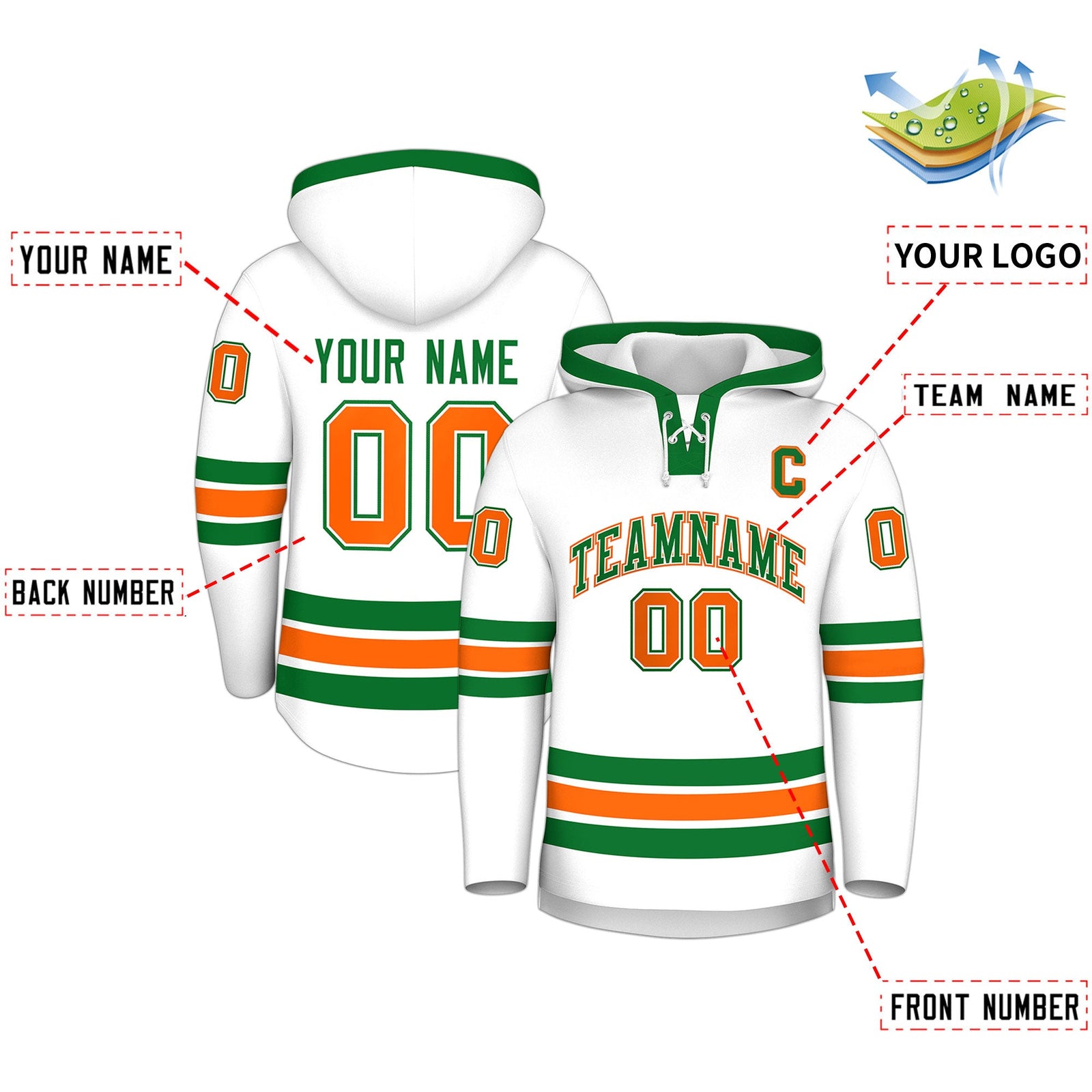 Custom Hockey Hoodie Jersey White Kelly Green Classic Style for Men&Youth