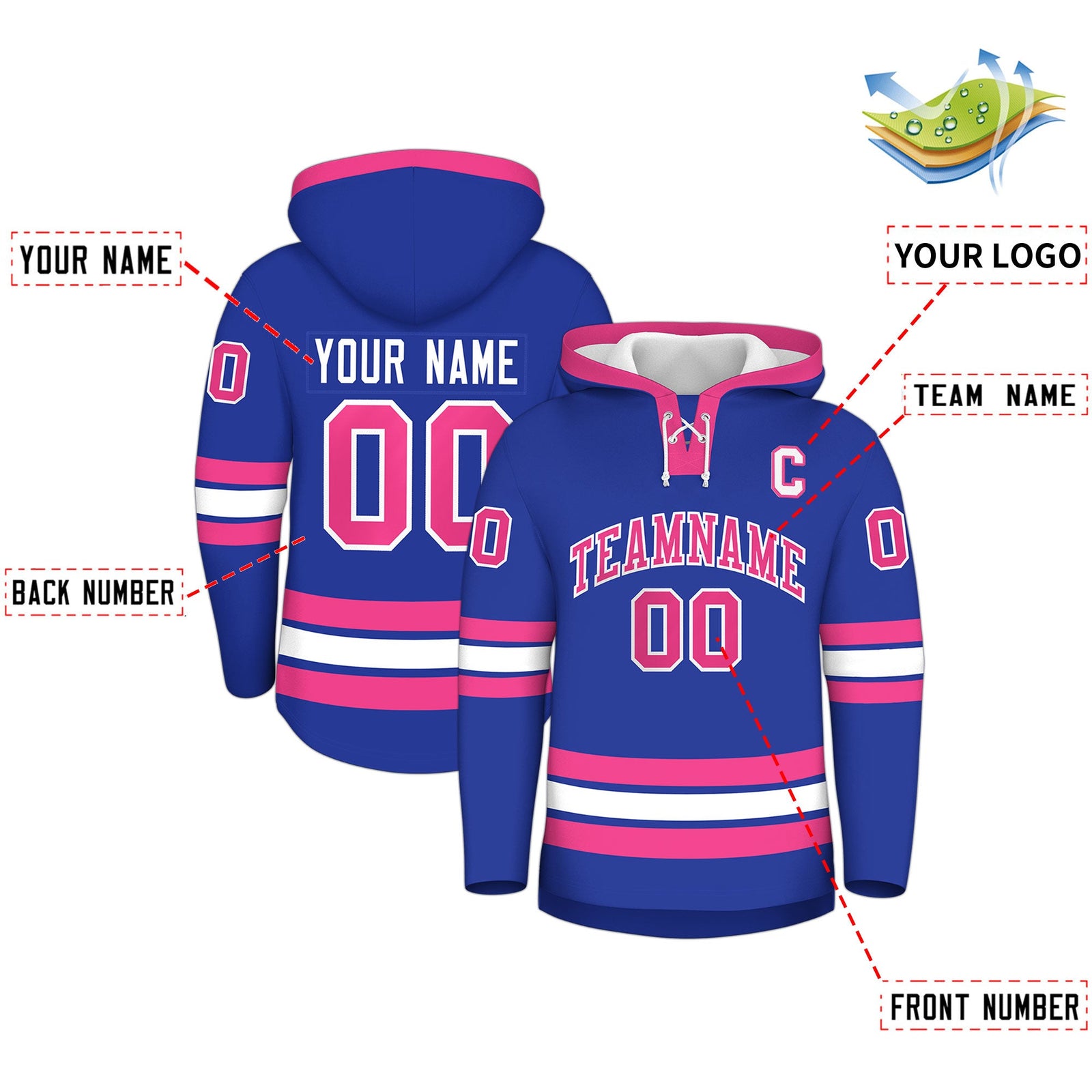 Custom Hockey Hoodie Jersey Royal Blue Pink Classic Style Add Name,Number & Logo