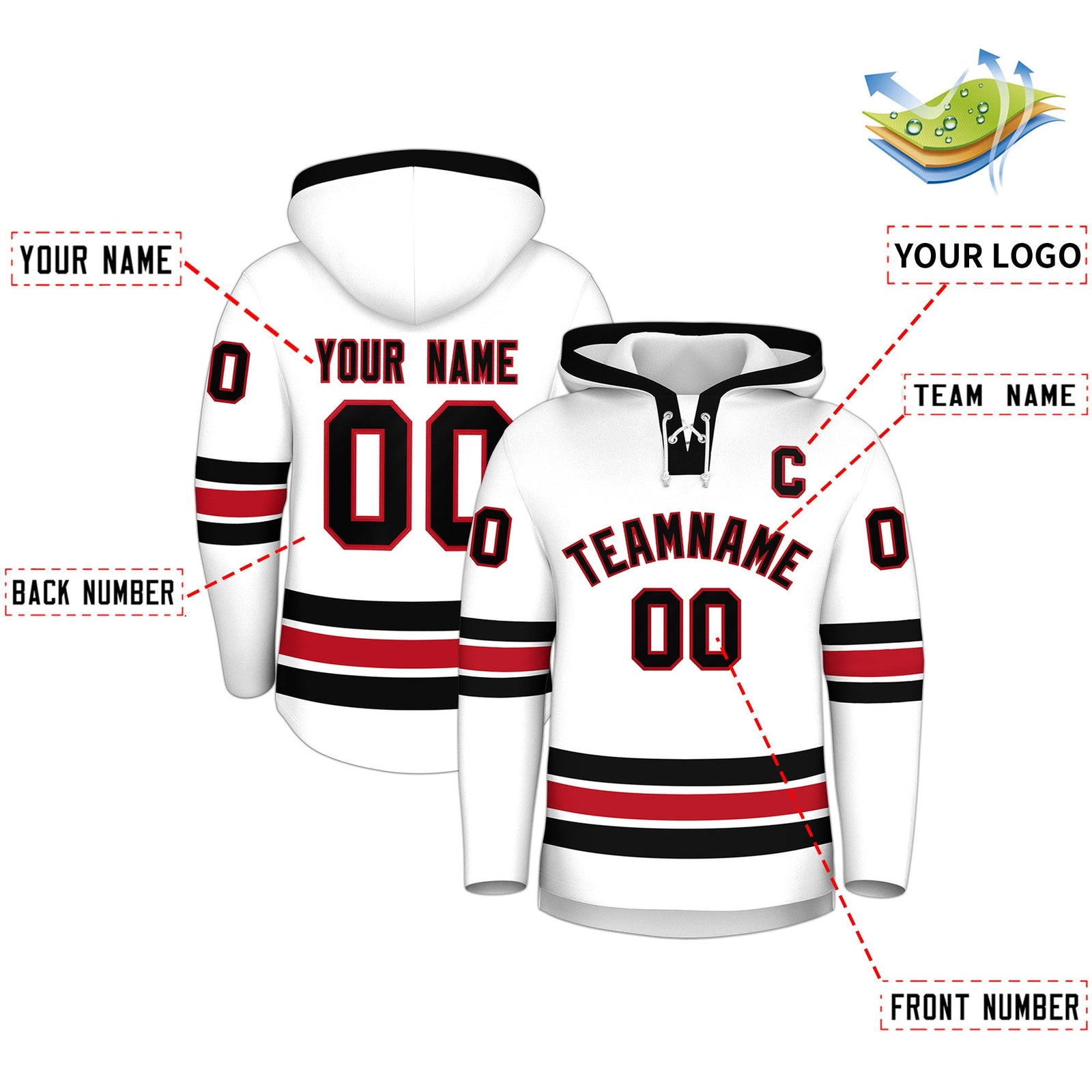 Custom Hockey Hoodie Jersey White Black Classic Style Add Name,Number & Logo