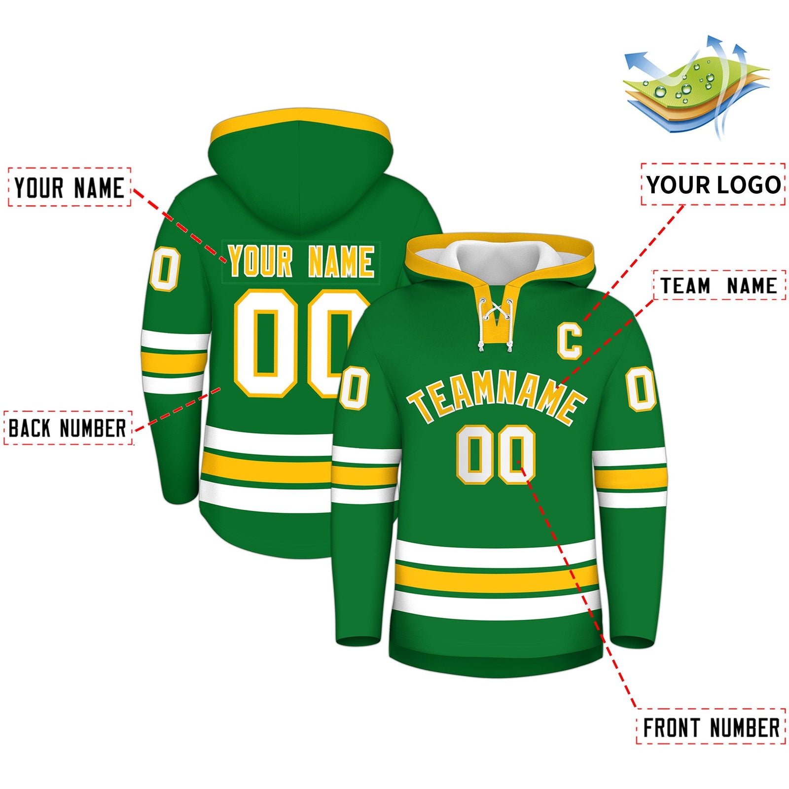 Custom Hockey Hoodie Jersey Kelly Green Gold Classic Style for Men&Youth