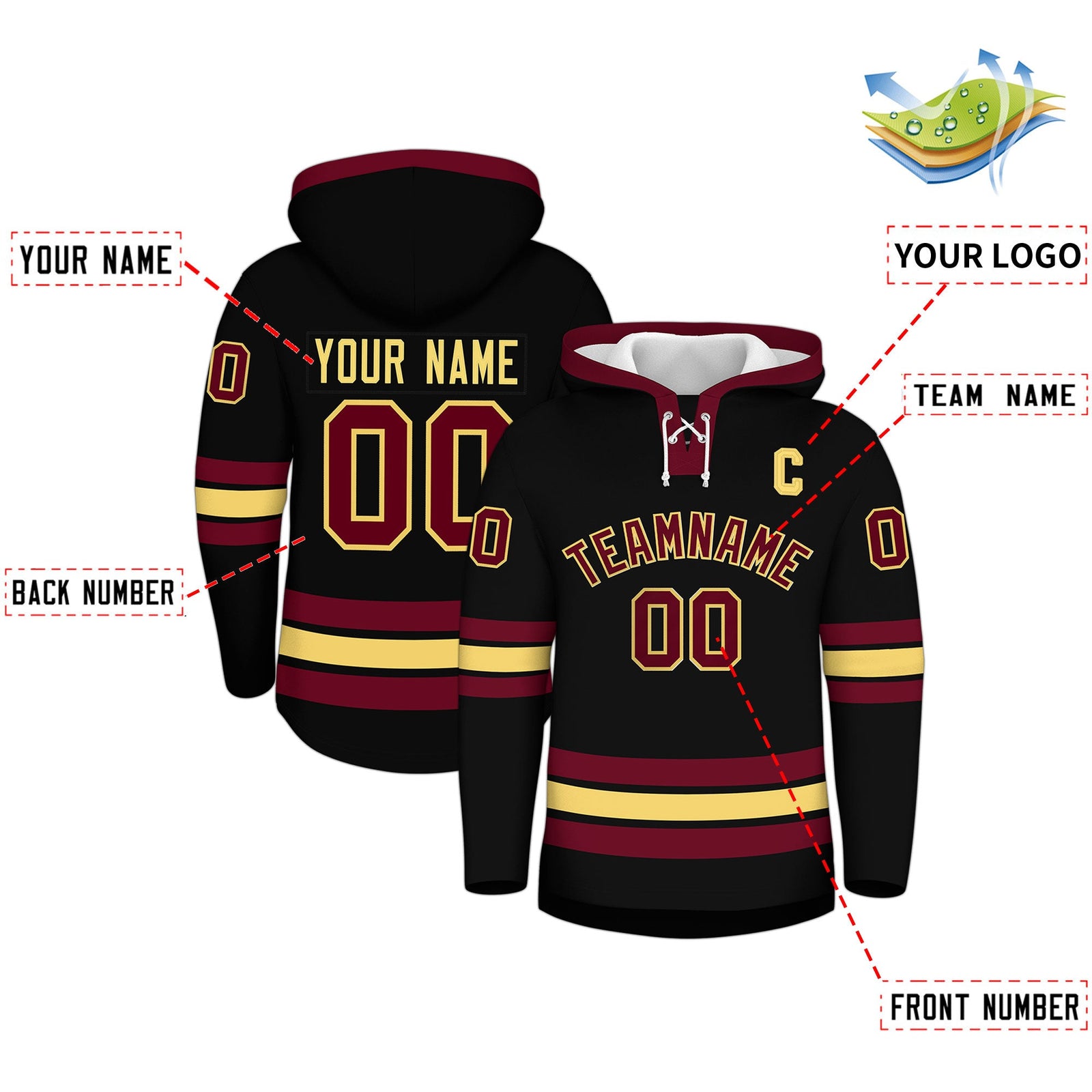 Custom Hockey Hoodie Jersey Black Crimson Classic Style for Men&Youth