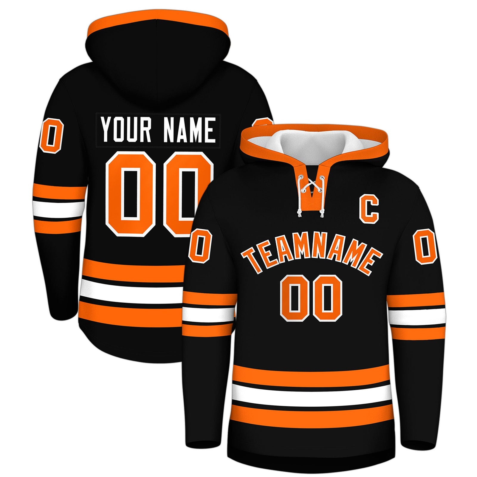 Custom Hockey Hoodie Jersey Black Orange Classic Style Add Name,Number&Logo
