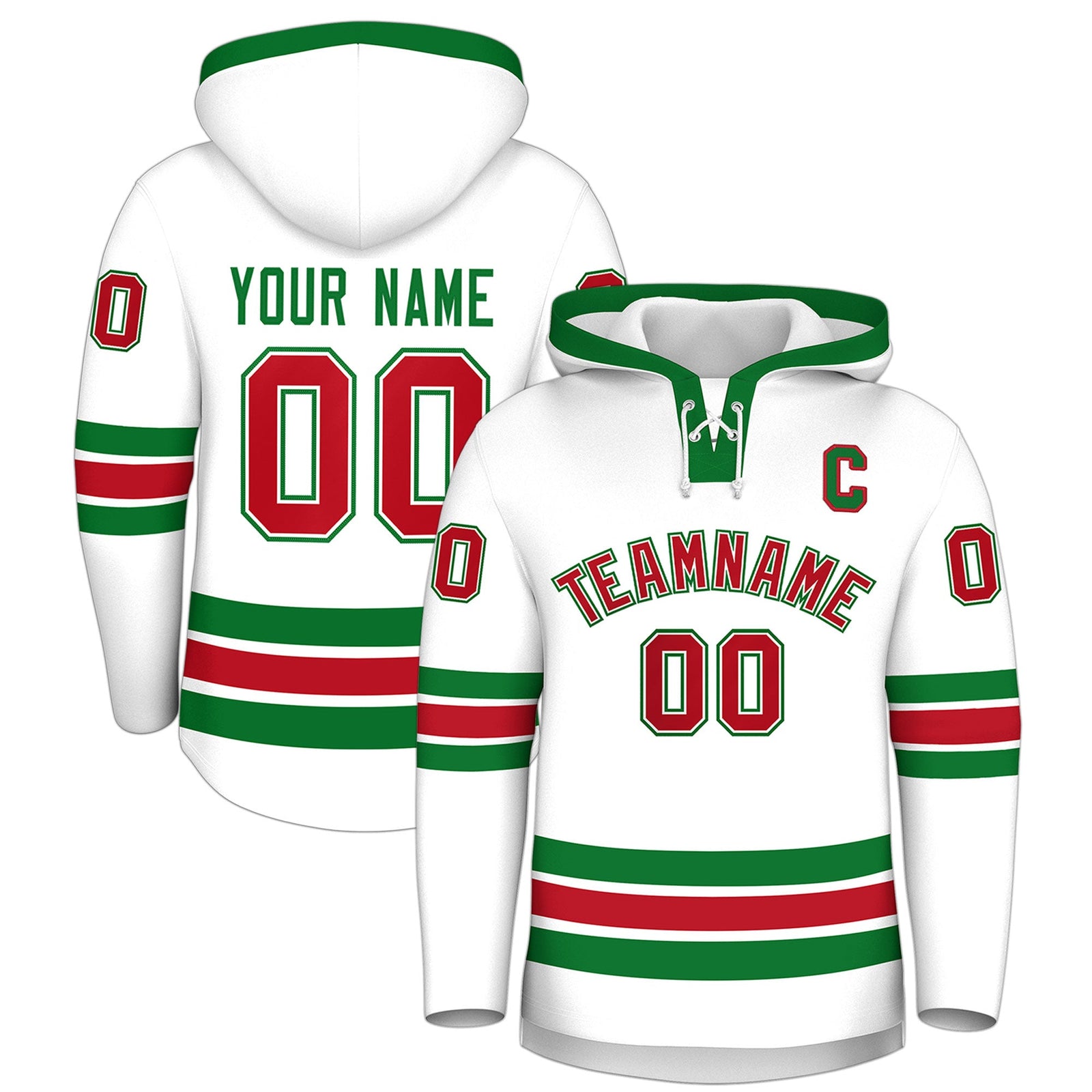 Custom Hockey Hoodie Jersey White Kelly Green Classic Style Add Name,Number&Logo