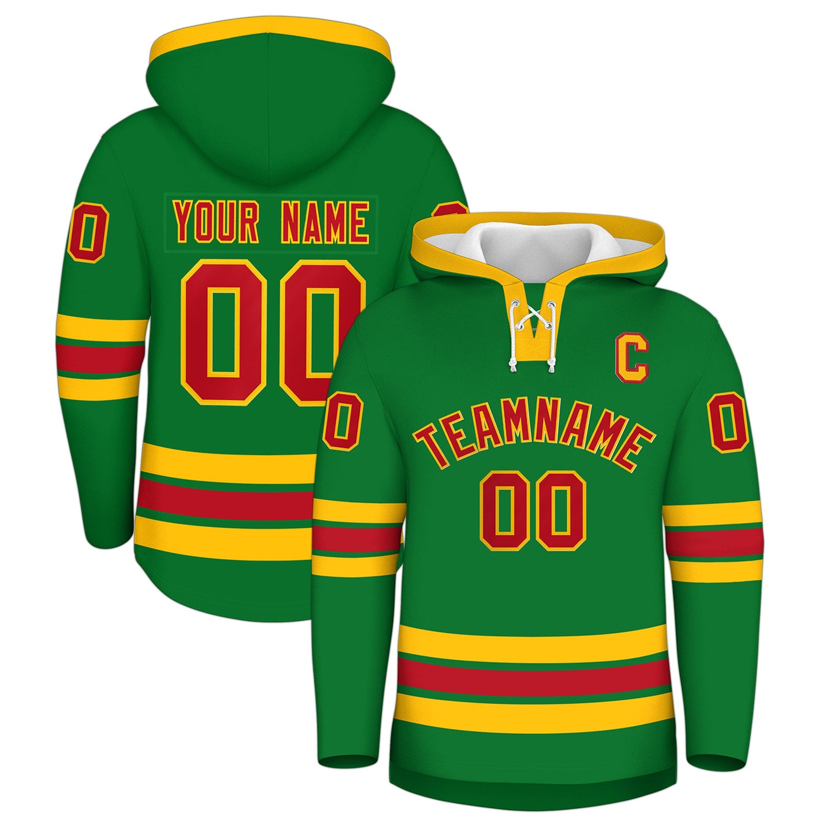 Custom Hockey Hoodie Jersey Kelly Green Red Classic Style Add Name,Number&Logo
