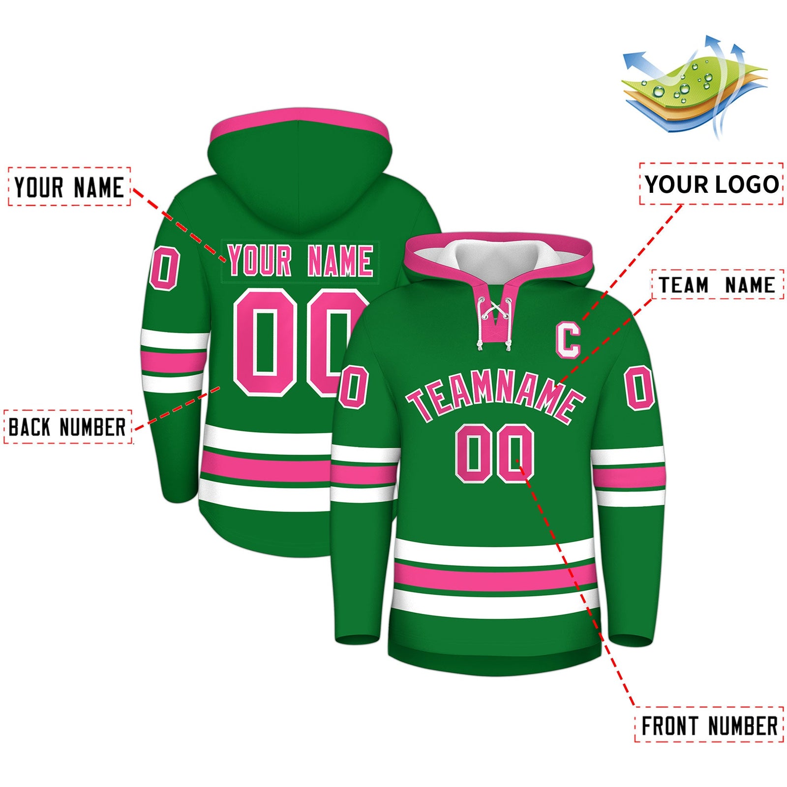 Custom Hockey Hoodie Jersey Kelly Green Pink Classic Style for Men&Youth