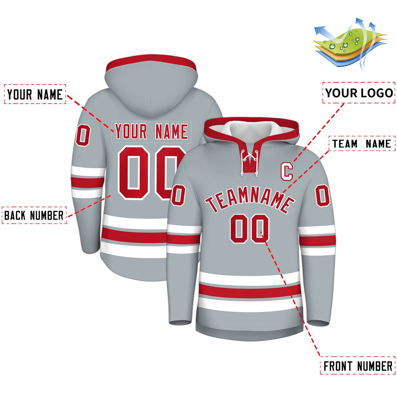 Custom Hockey Hoodie Jersey Silver Red Classic Style for Men&Youth