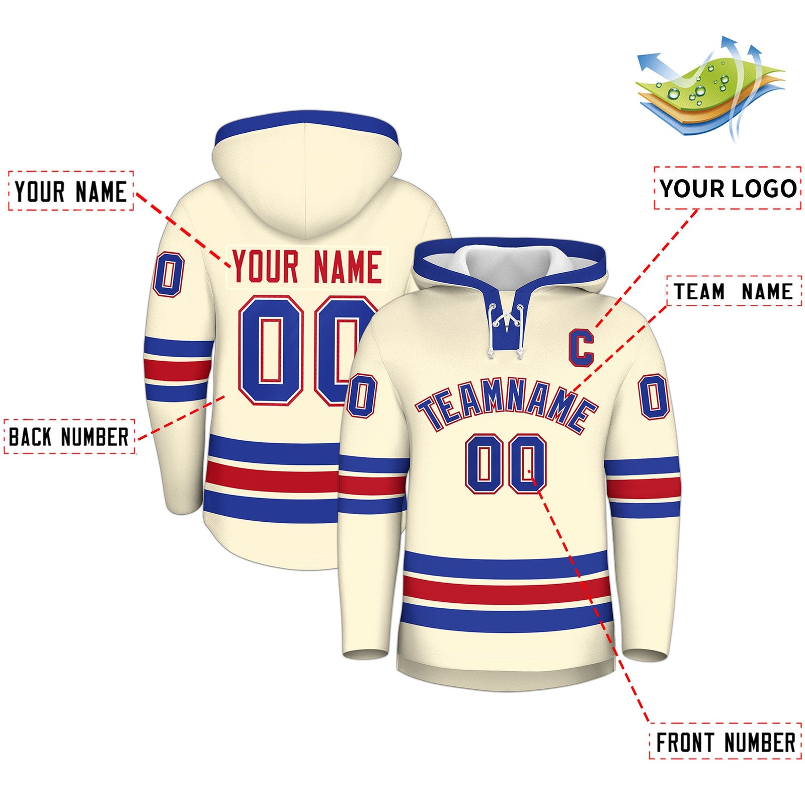 Custom Hockey Hoodie Jersey Cream Royal Blue Classic Style Add Name,Number & Logo