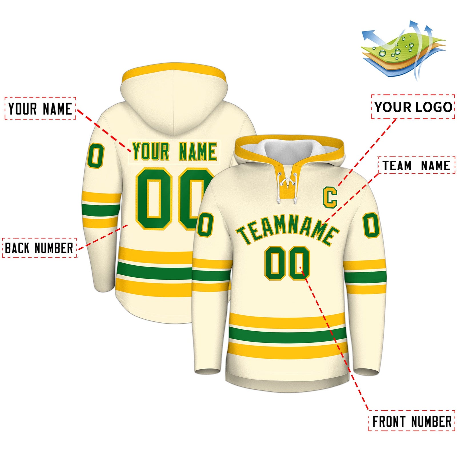 Custom Hockey Hoodie Jersey Cream Kelly Green Classic Style Add Name,Number&Logo