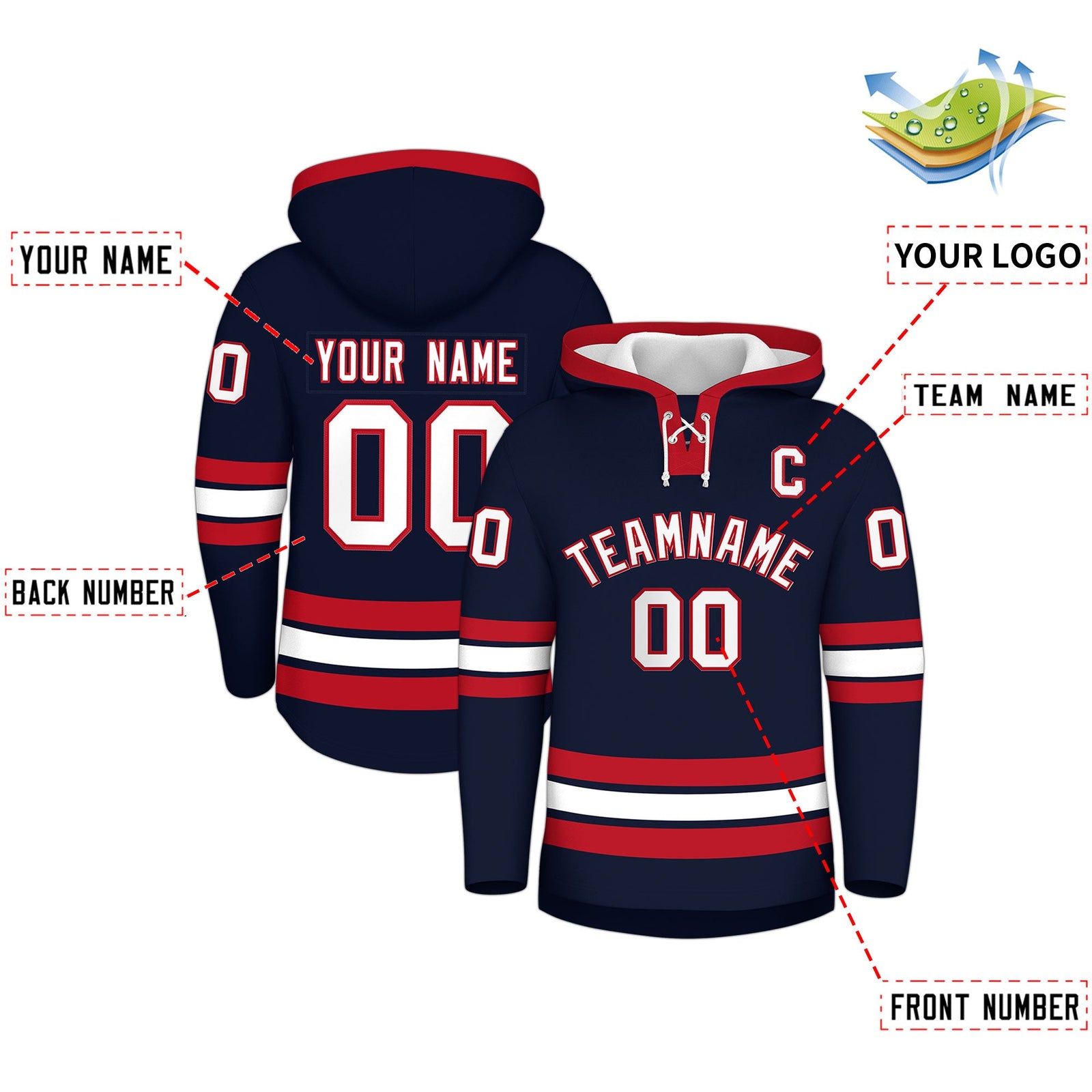 Custom Hockey Hoodie Jersey Navy Red Classic Style for Men&Youth