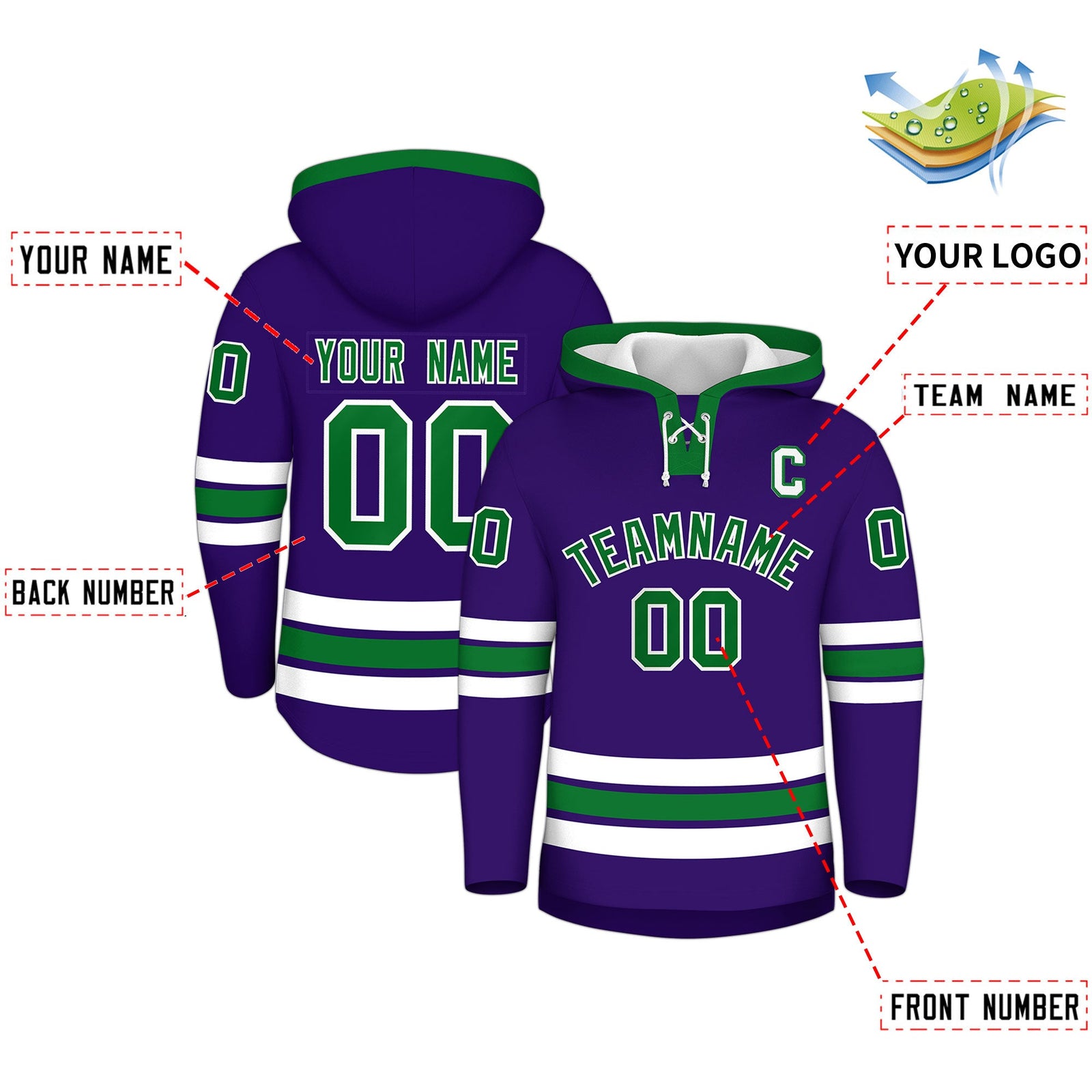 Custom Hockey Hoodie Jersey Purple Kelly Green Classic Style for Men&Youth