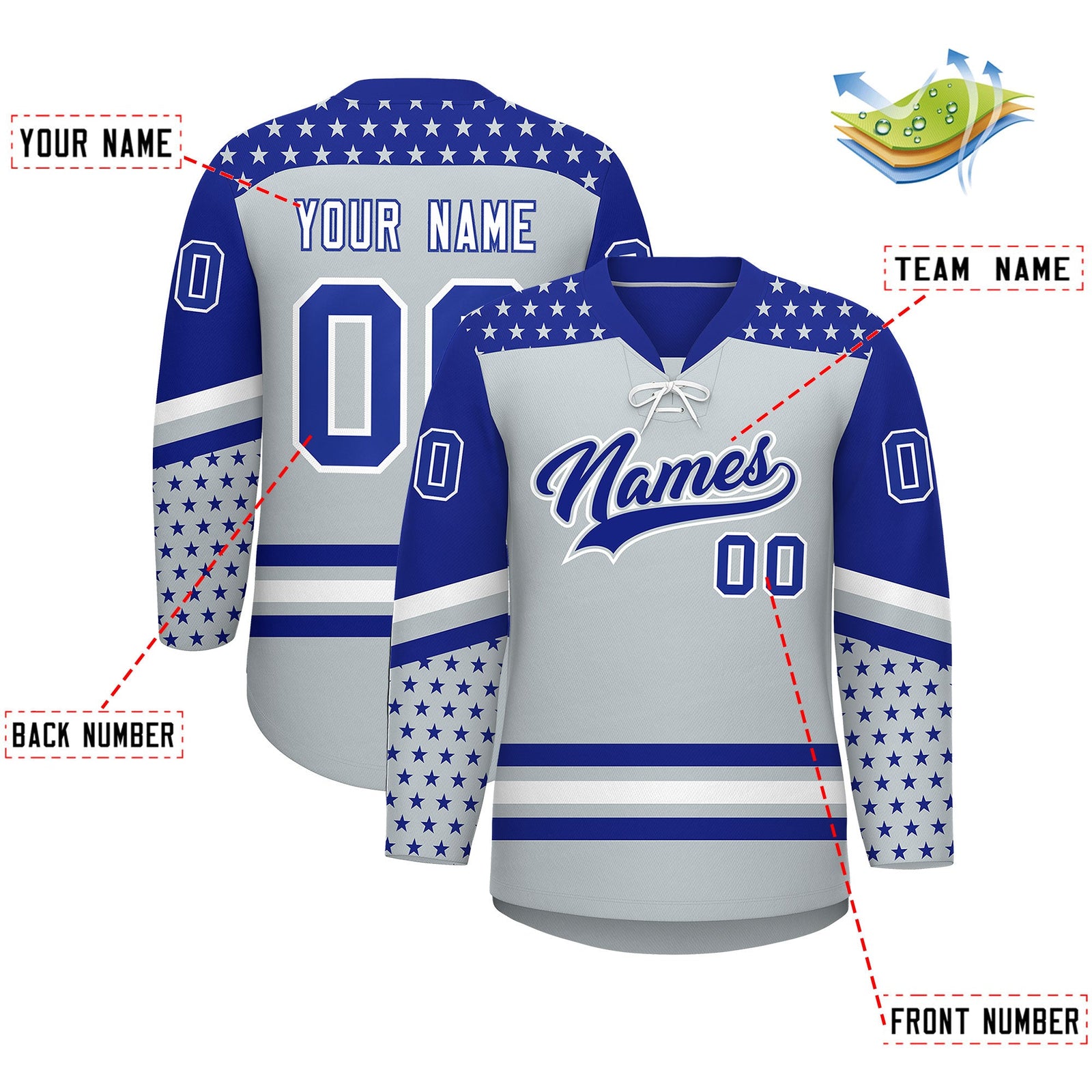 Custom Silver Royal Blue White Star Series Personalization Lace-Up Neck Hockey Jersey| KXKSHOP