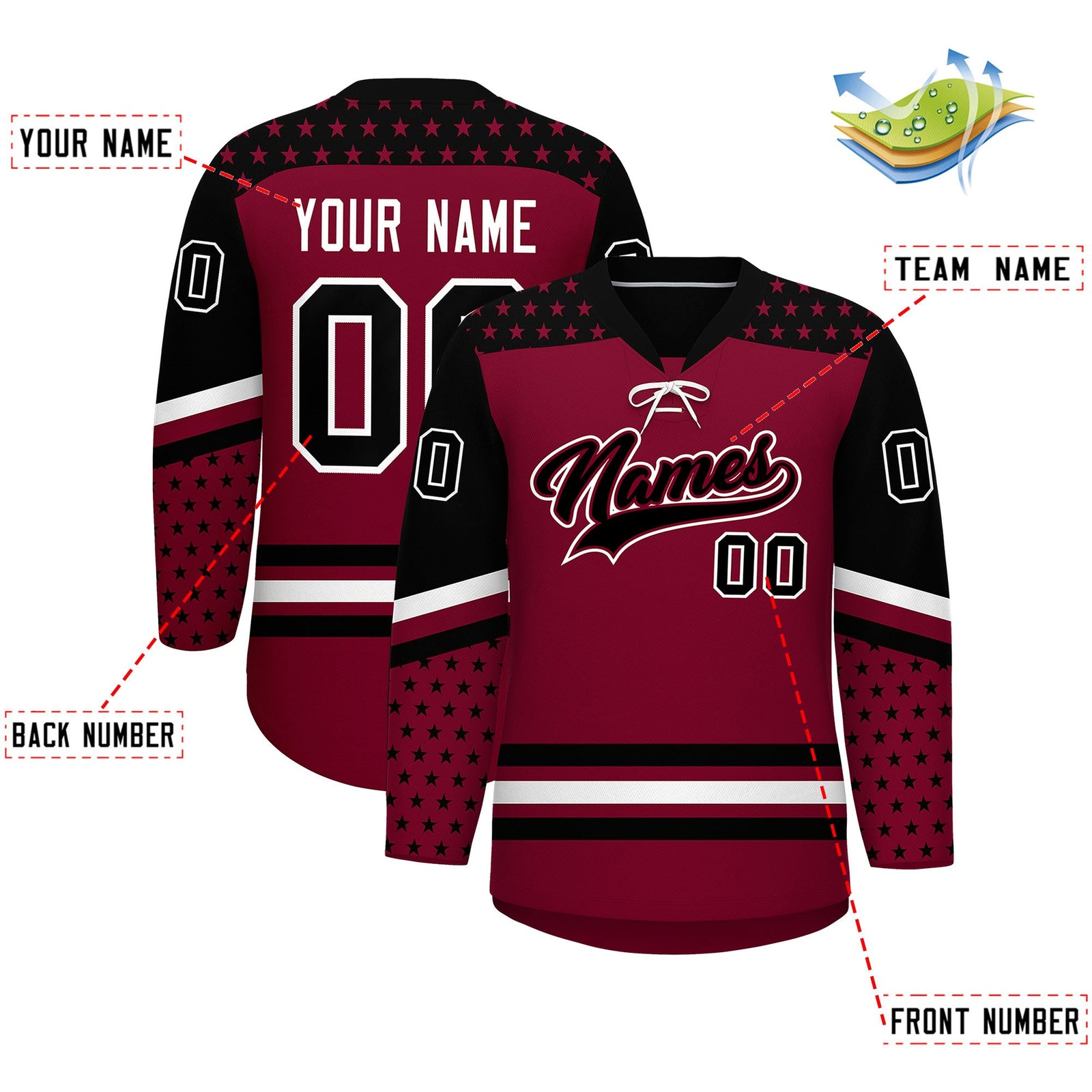 Custom Crimson Black White Star Series Personalization Lace-Up Neck Hockey Jersey| KXKSHOP