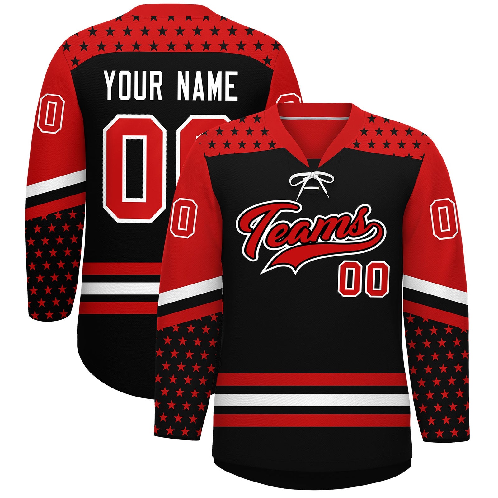 Custom Black Red White Star Series Personalization Lace-Up Neck Hockey Jersey| KXKSHOP