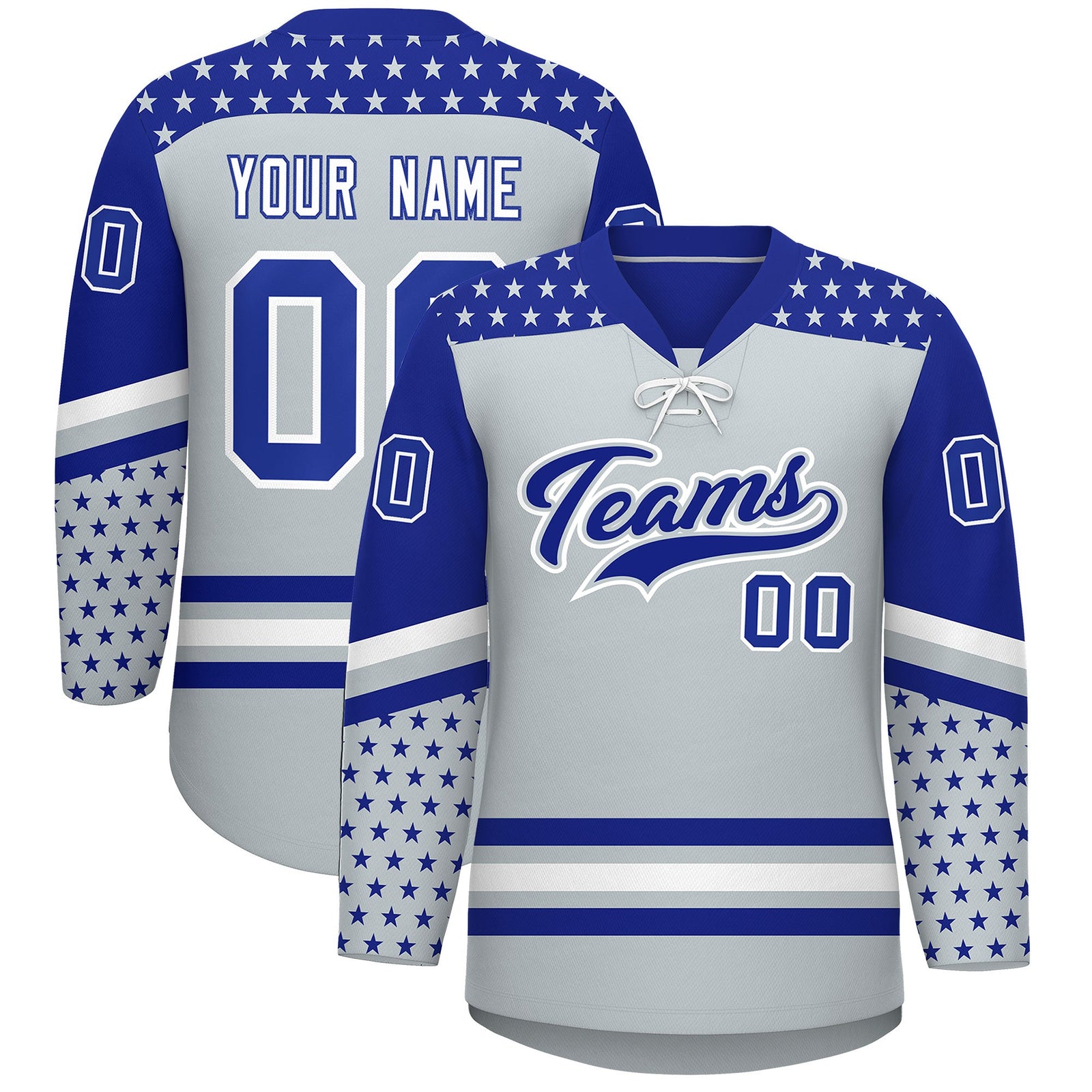Custom Silver Royal Blue White Star Series Personalization Lace-Up Neck Hockey Jersey| KXKSHOP