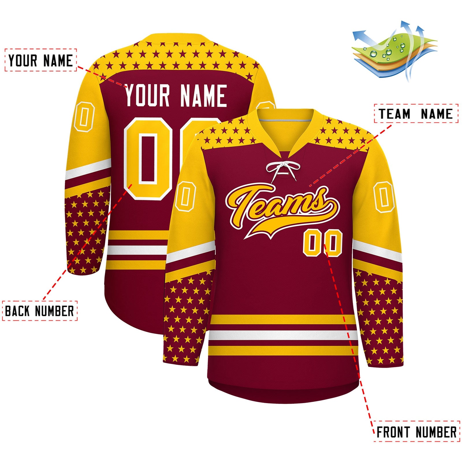 Custom Crimson Gold White Star Series Personalization Lace-Up Neck Hockey Jersey| KXKSHOP
