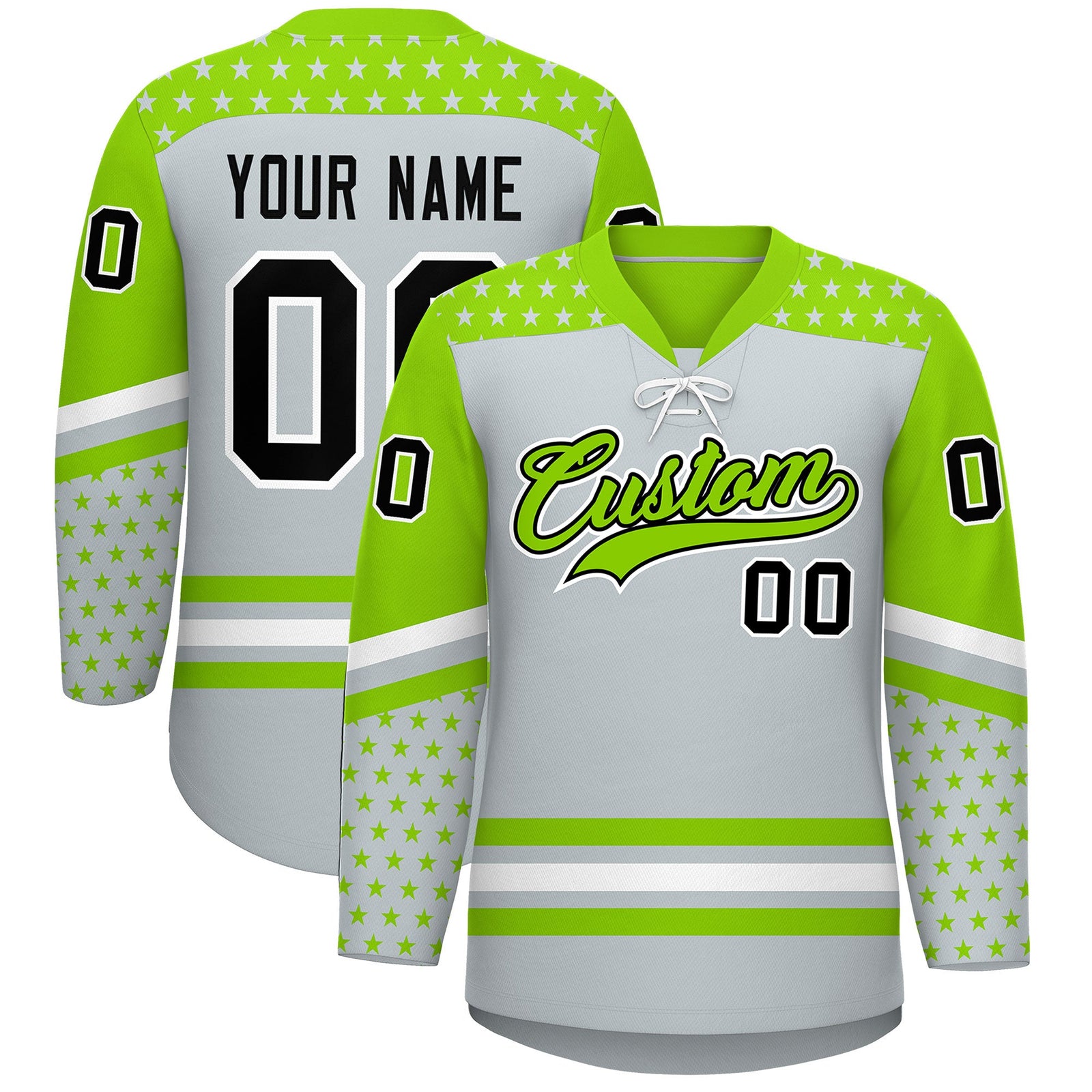 Custom Silver Neon Green White Star Series Personalization Lace-Up Neck Hockey Jersey| KXKSHOP
