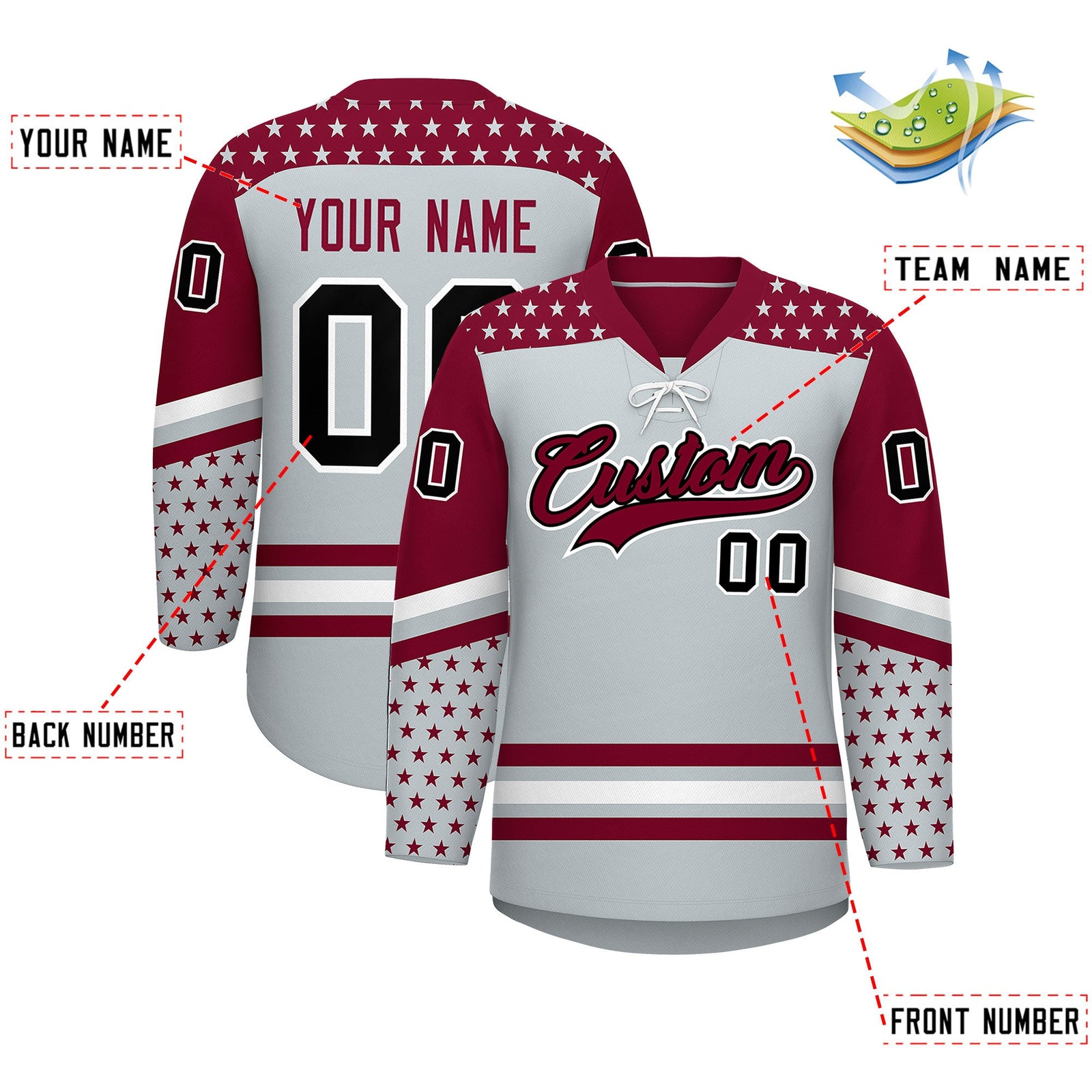 Custom Silver Crimson White Star Series Personalization Lace-Up Neck Hockey Jersey| KXKSHOP