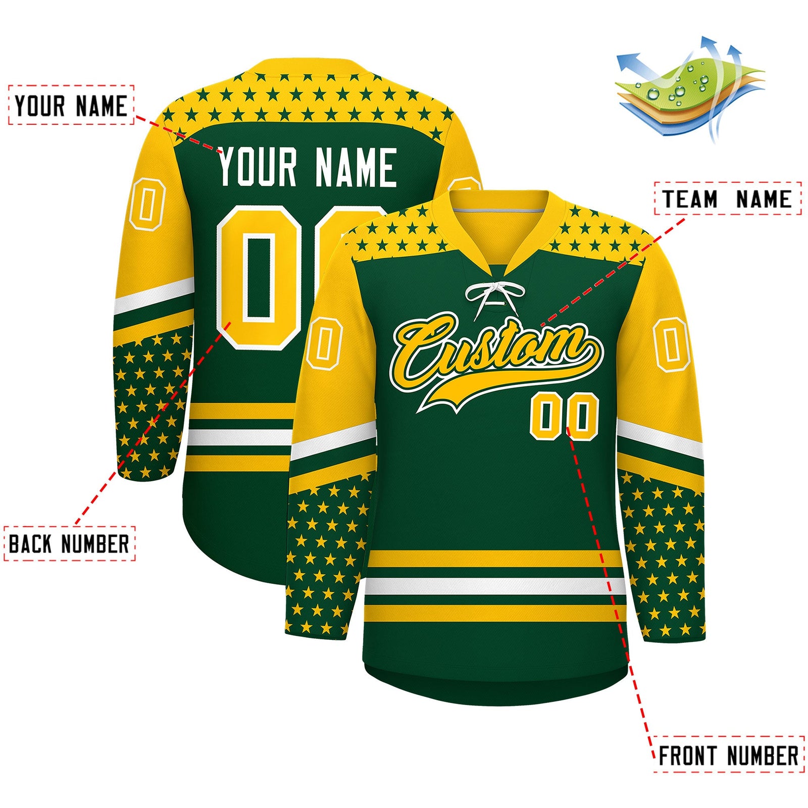 Custom Green Gold White Star Series Personalization Lace-Up Neck Hockey Jersey| KXKSHOP