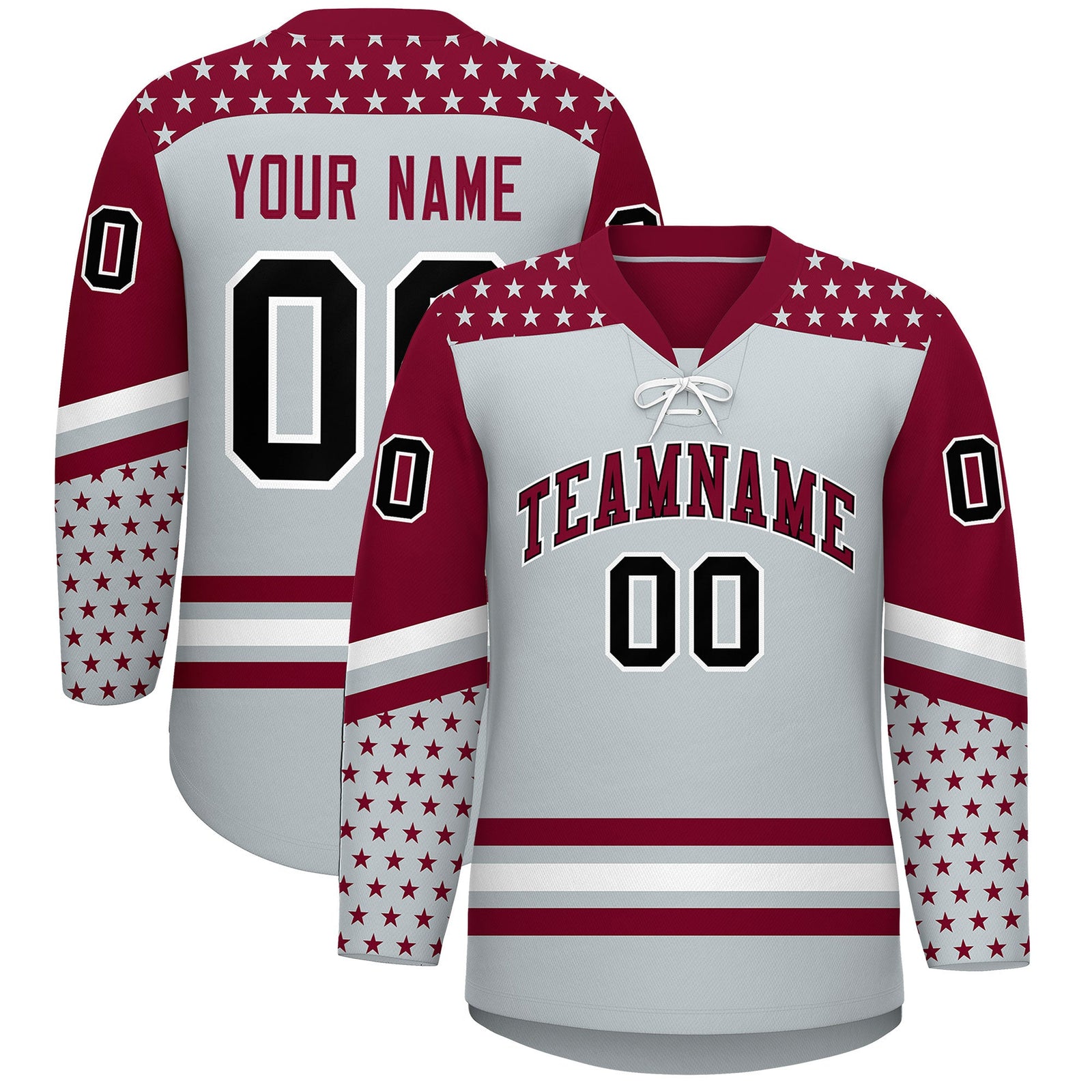 Custom Silver Crimson White Star Series Personalization Lace-Up Neck Hockey Jersey| KXKSHOP