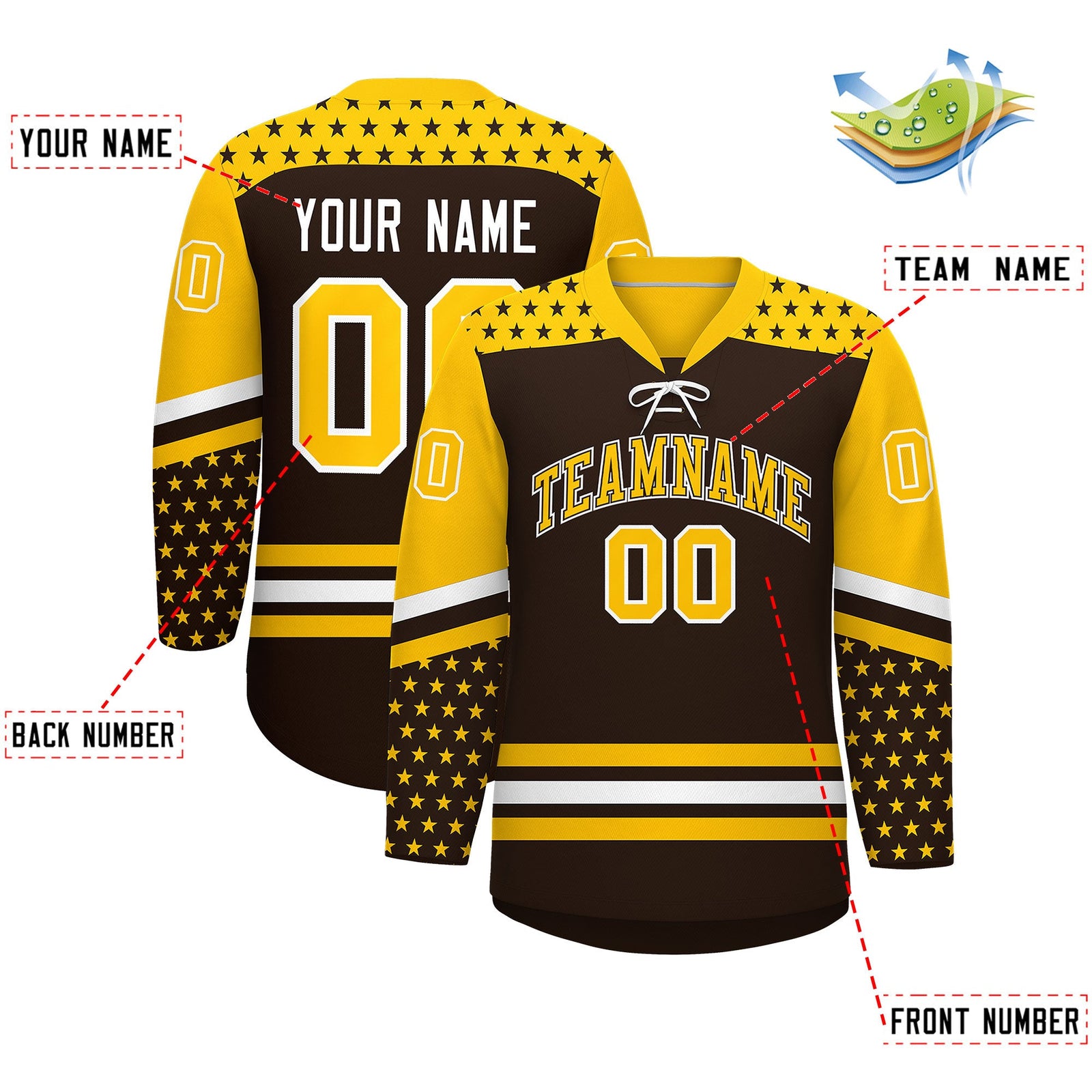 Custom Brown Gold White Star Series Personalization Lace-Up Neck Hockey Jersey| KXKSHOP