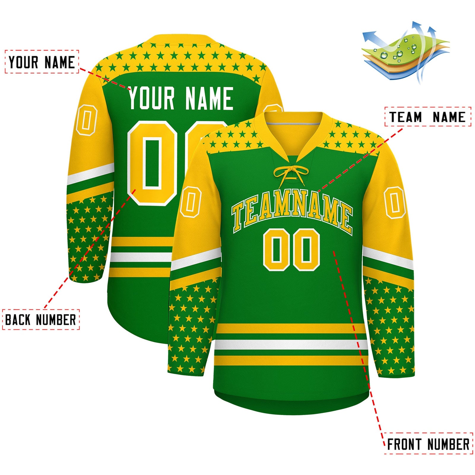 Custom Kelly Green Gold White Star Series Personalization Lace-Up Neck Hockey Jersey| KXKSHOP