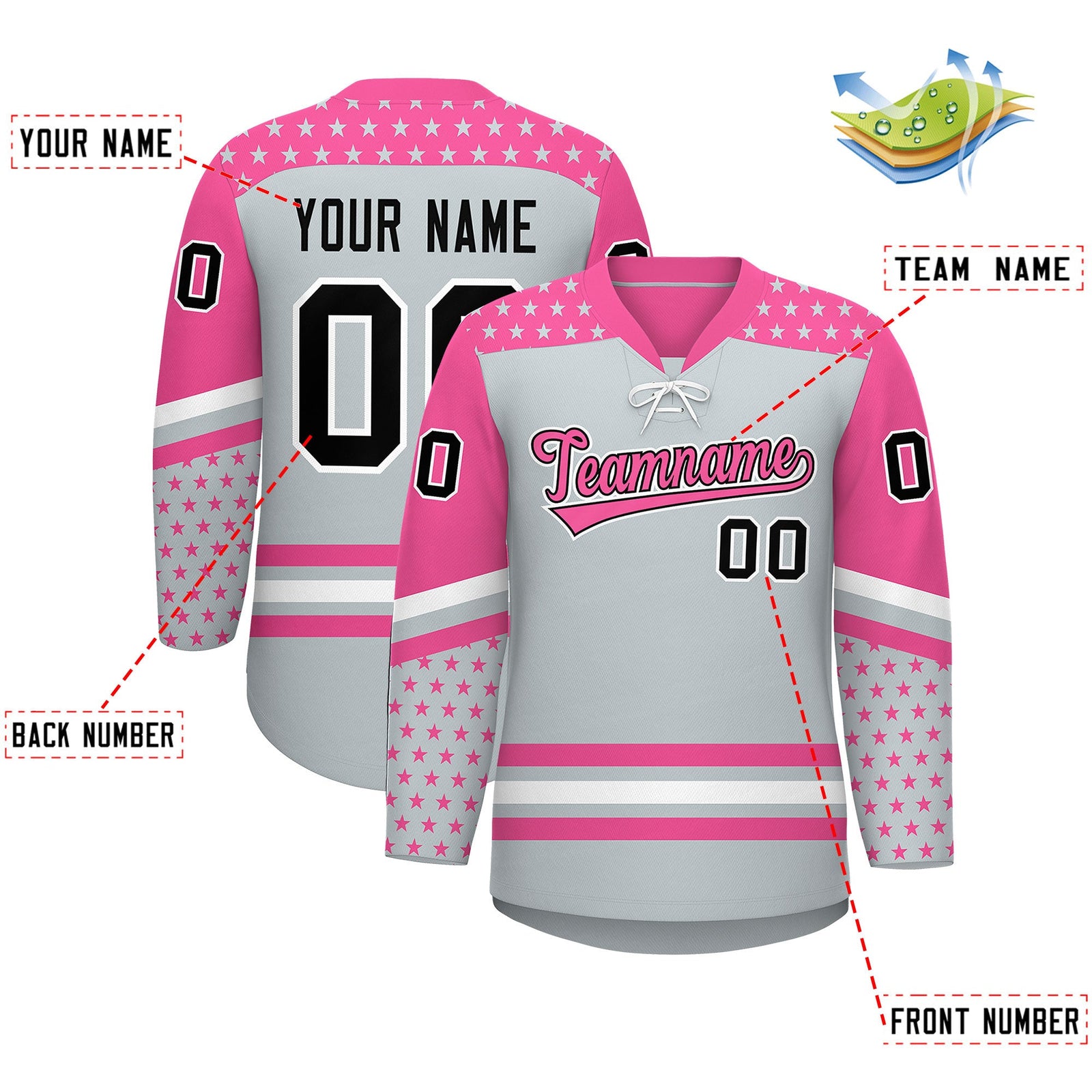 Custom Silver Pink White Star Series Personalization Lace-Up Neck Hockey Jersey| KXKSHOP