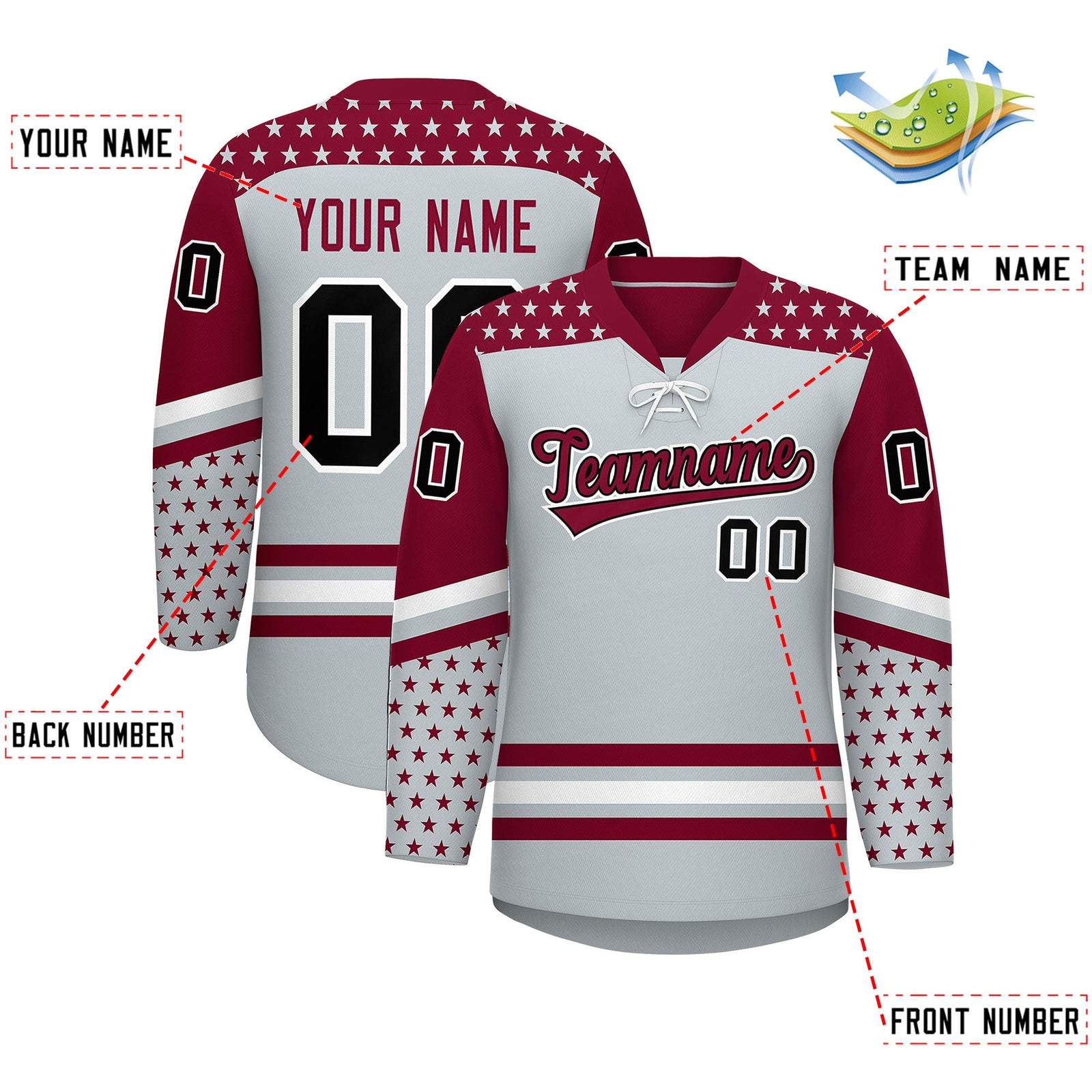 Custom Silver Crimson White Star Series Personalization Lace-Up Neck Hockey Jersey| KXKSHOP